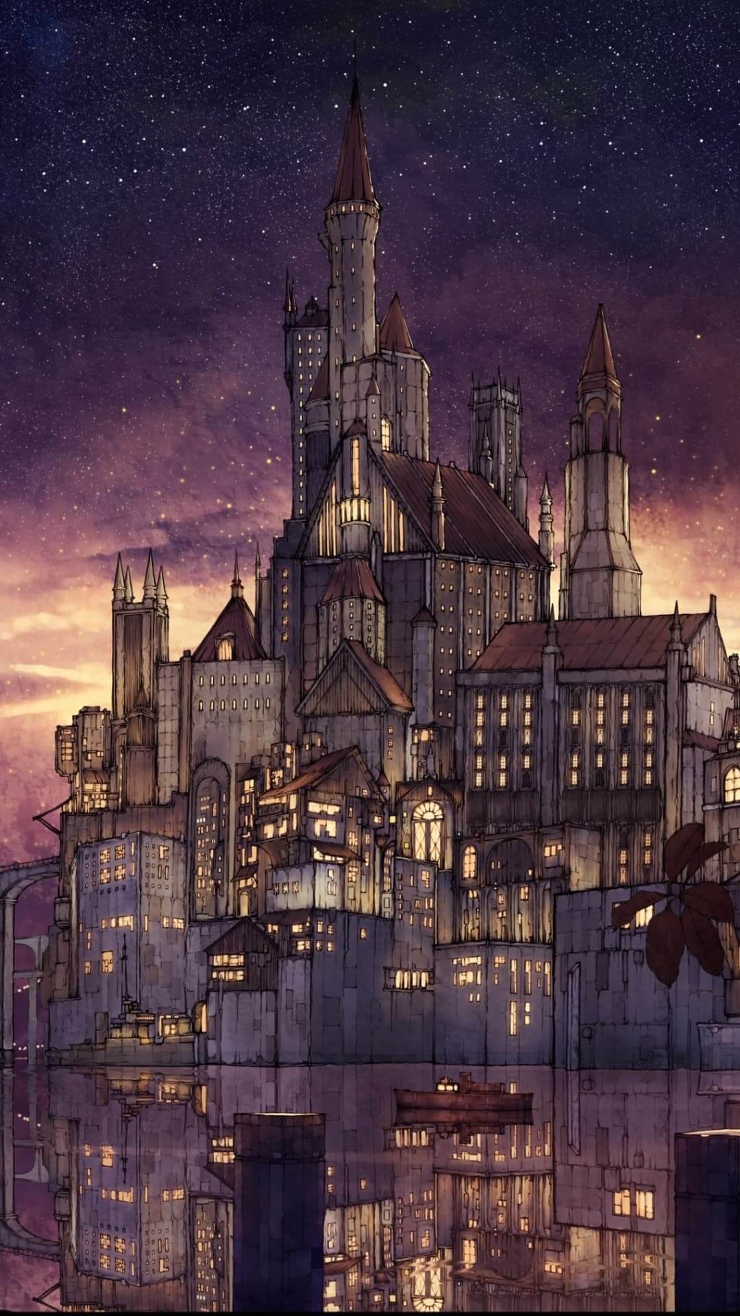 Fantasy city at night reflected in water anime wallpaper, 4K