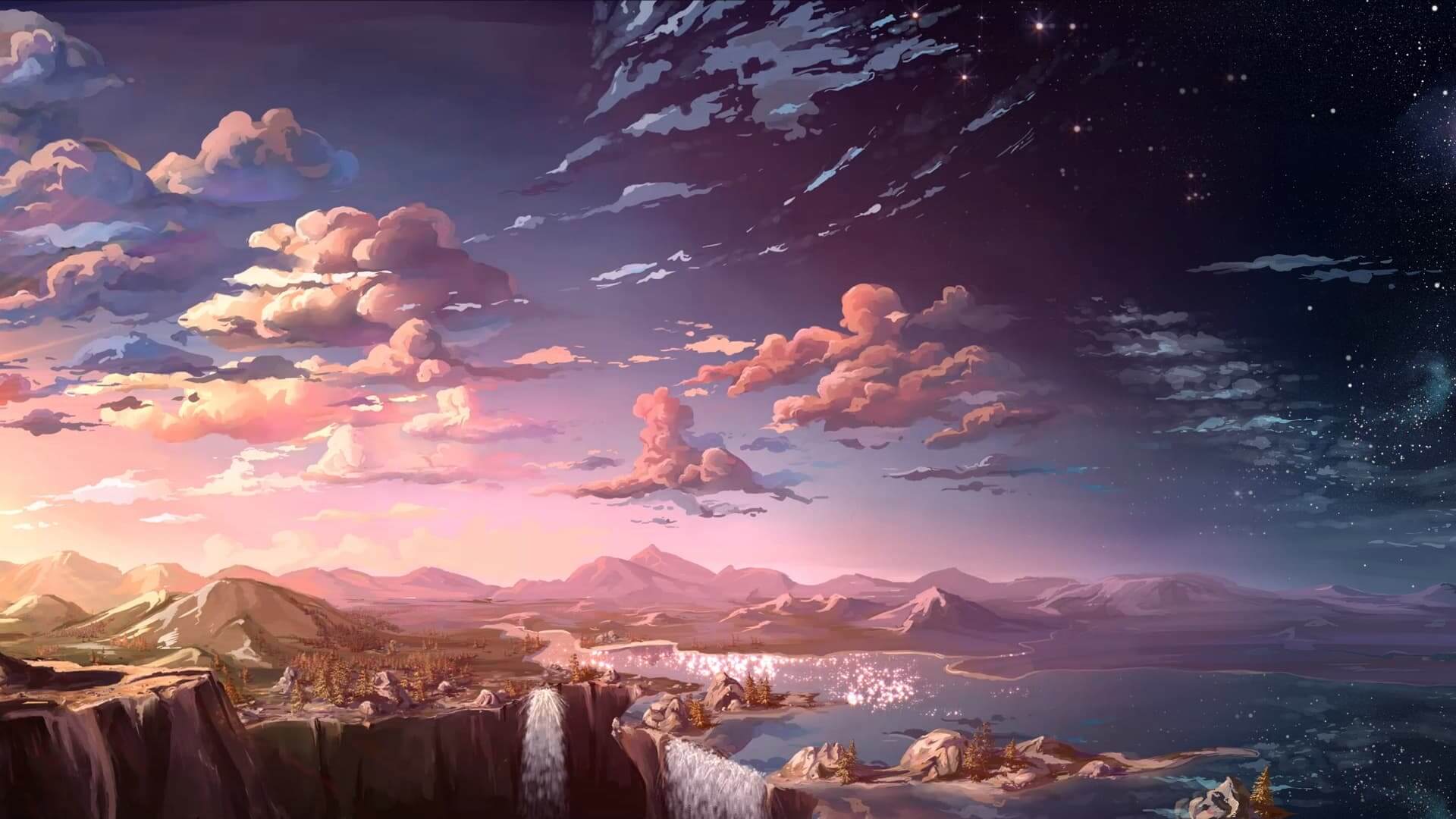 Fantasy landscape with a waterfall and lake anime wallpaper, 4K