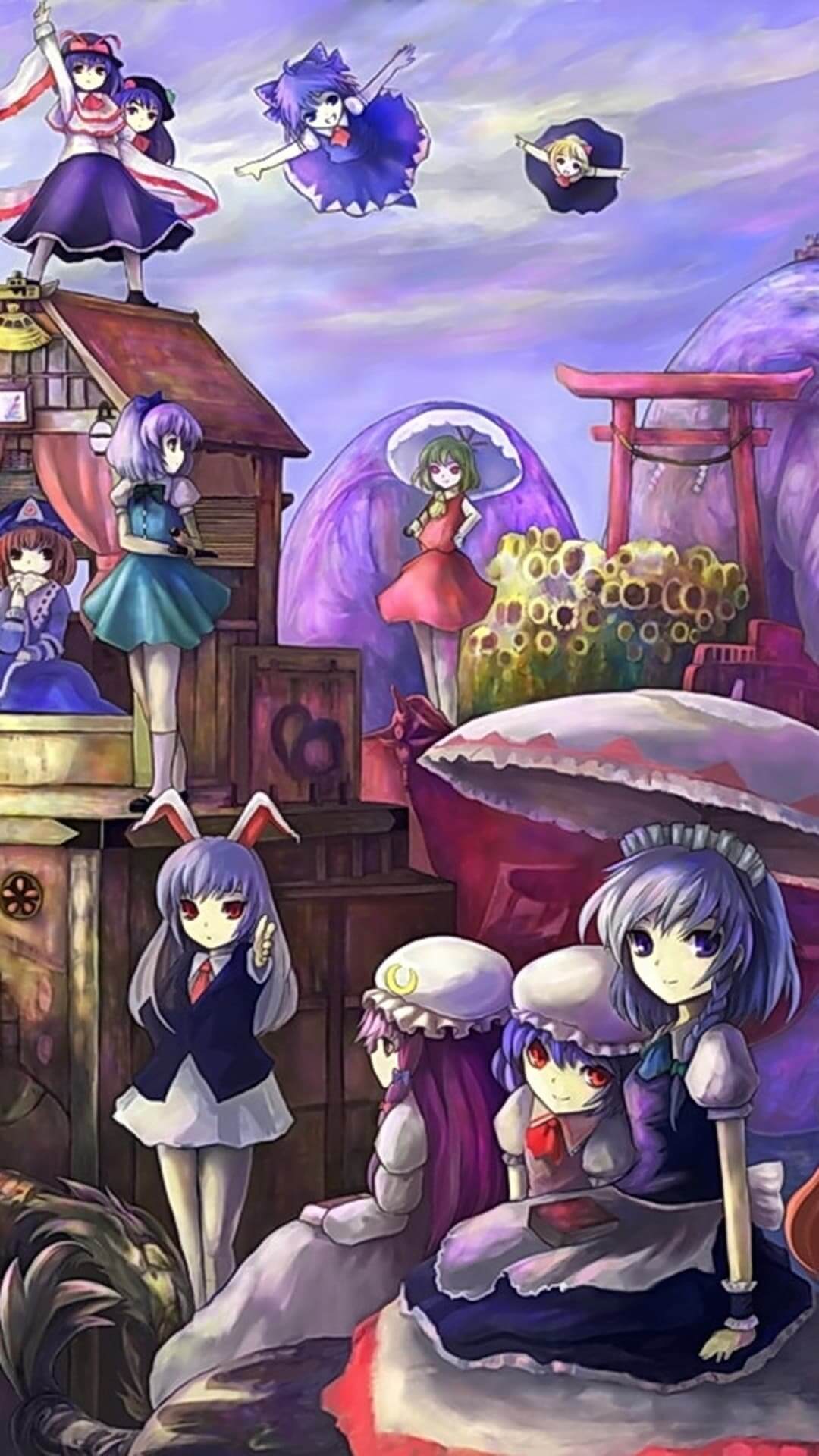 Fantasy world with many girls in colorful dresses anime wallpaper, 4K