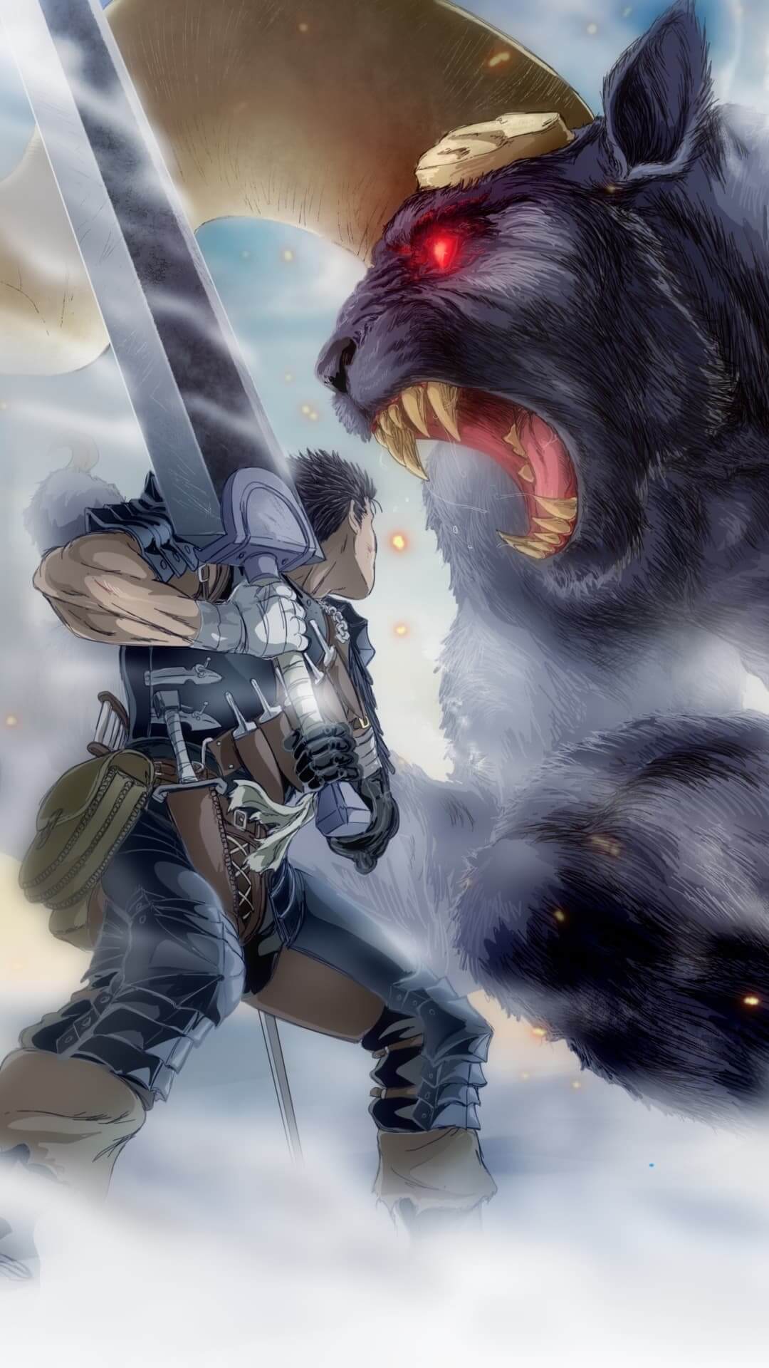 Fearsome warrior facing a demonic beast with a massive sword, ready for battle anime wallpaper, 4K