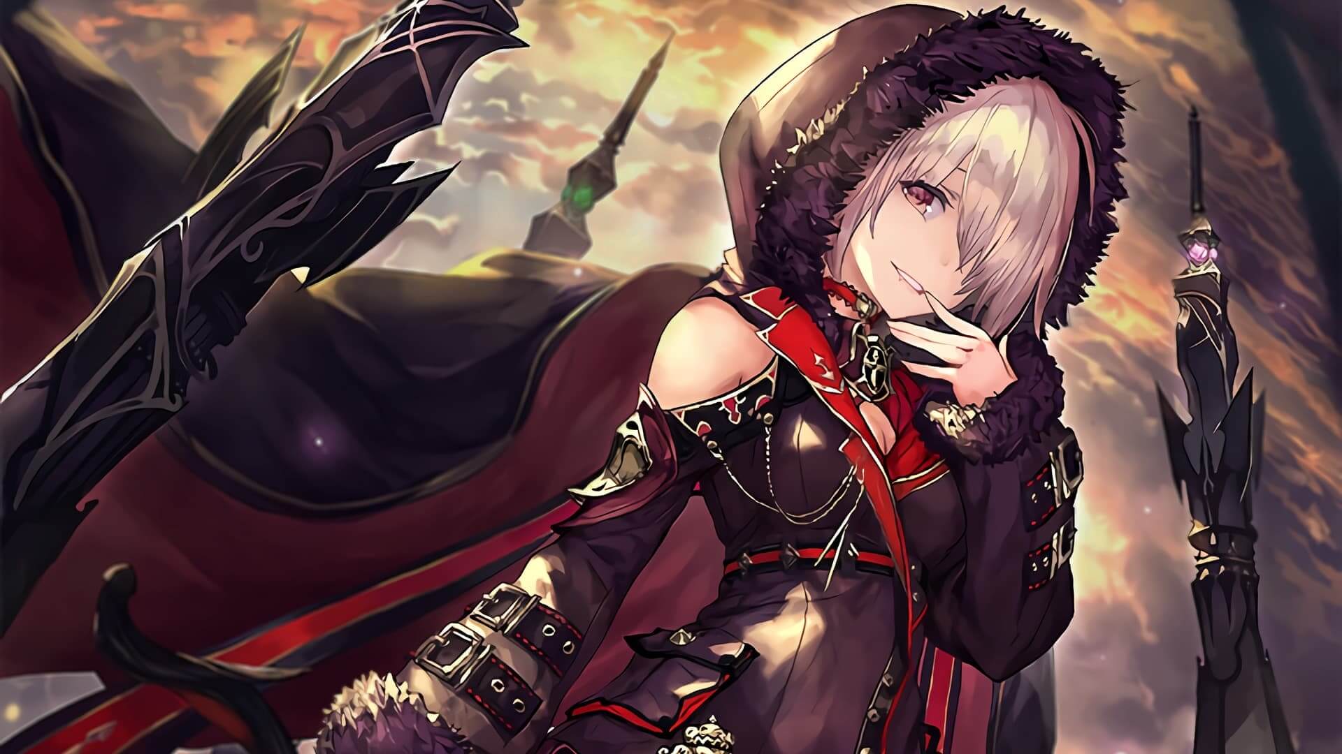 Female character in dark clothing with a hood anime wallpaper, 4K