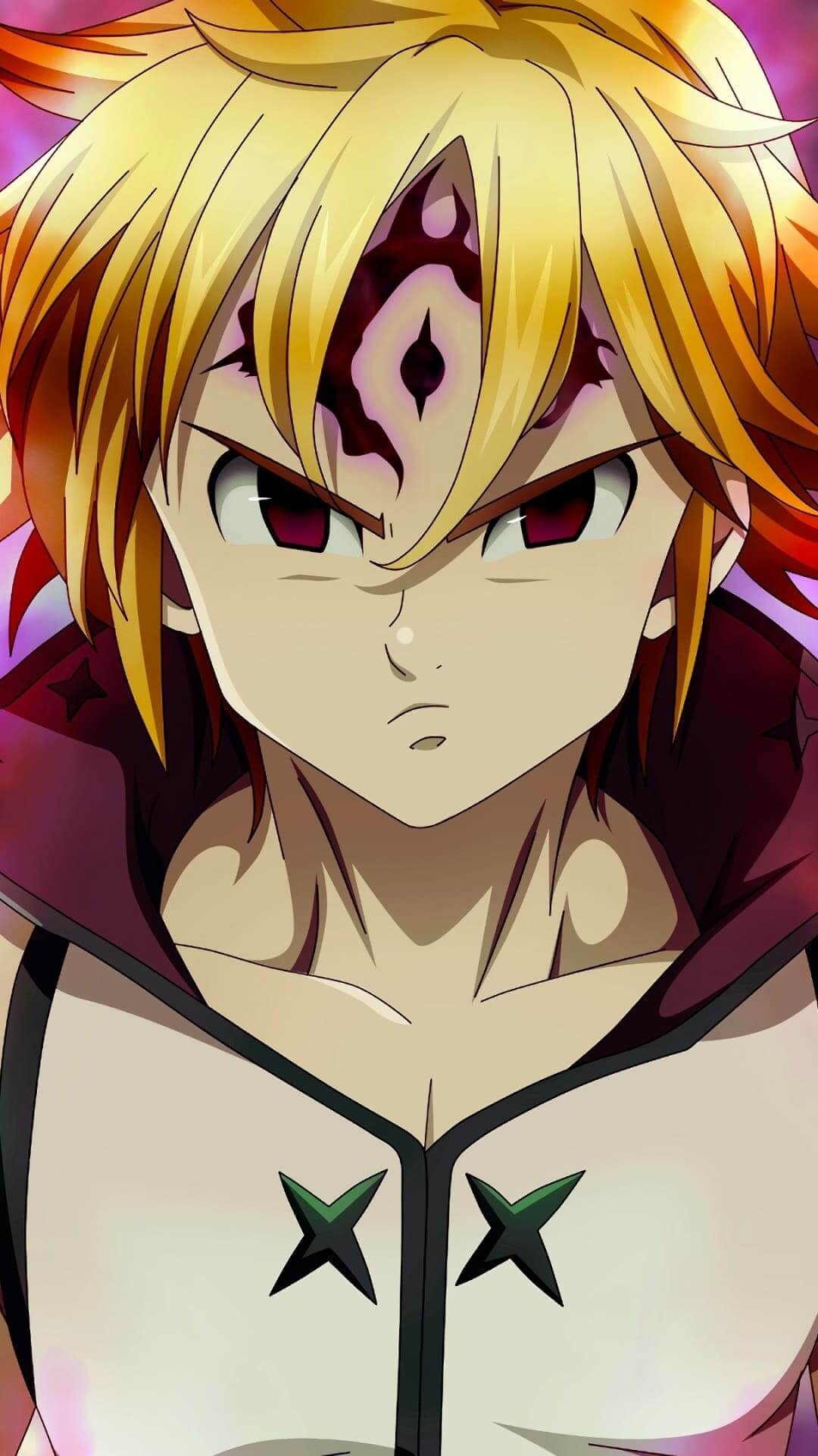 Fierce expression on anime character's face, power mark on forehead anime wallpaper, 4K