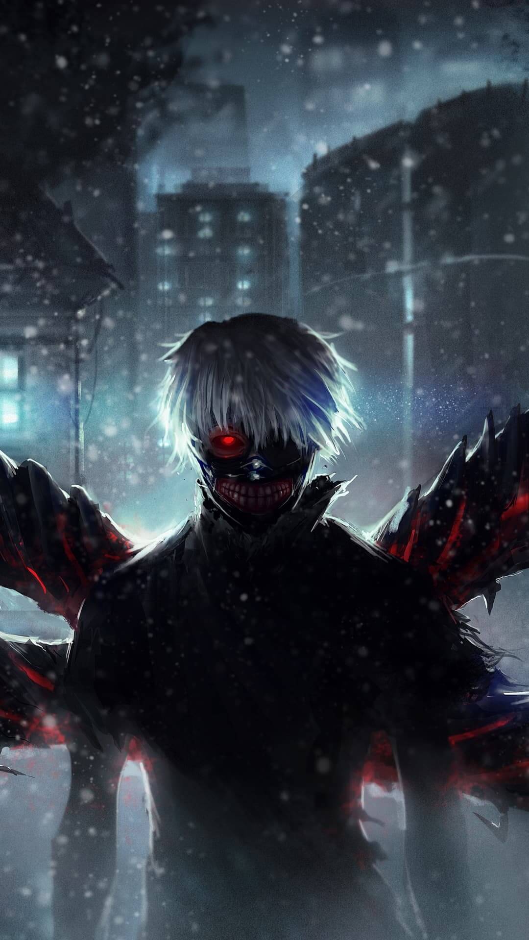 Fierce, masked ghoul in the snow, with a red eye, intense atmosphere anime wallpaper, 4K