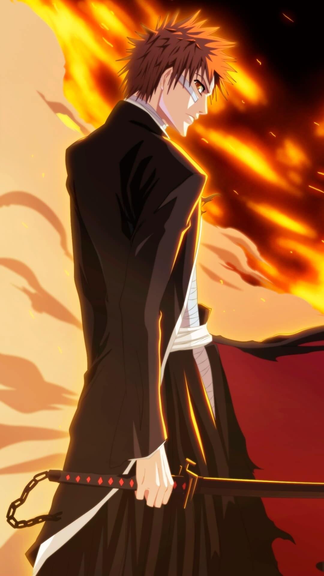 Fiery anime character with a sword anime wallpaper, 4K