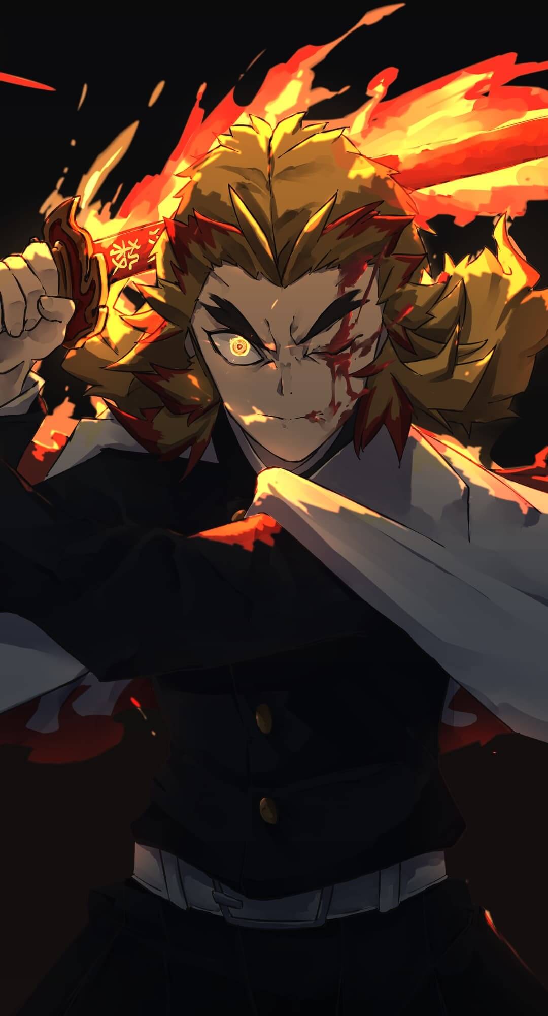 Fiery sword fight, character in black uniform anime wallpaper, 4K