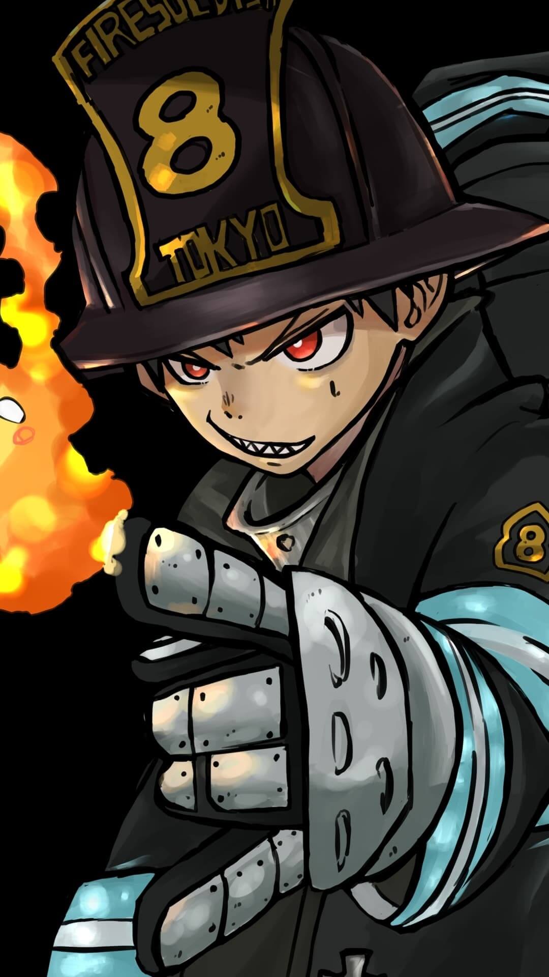 Firefighter with fiery glove and helmet anime wallpaper, 4K
