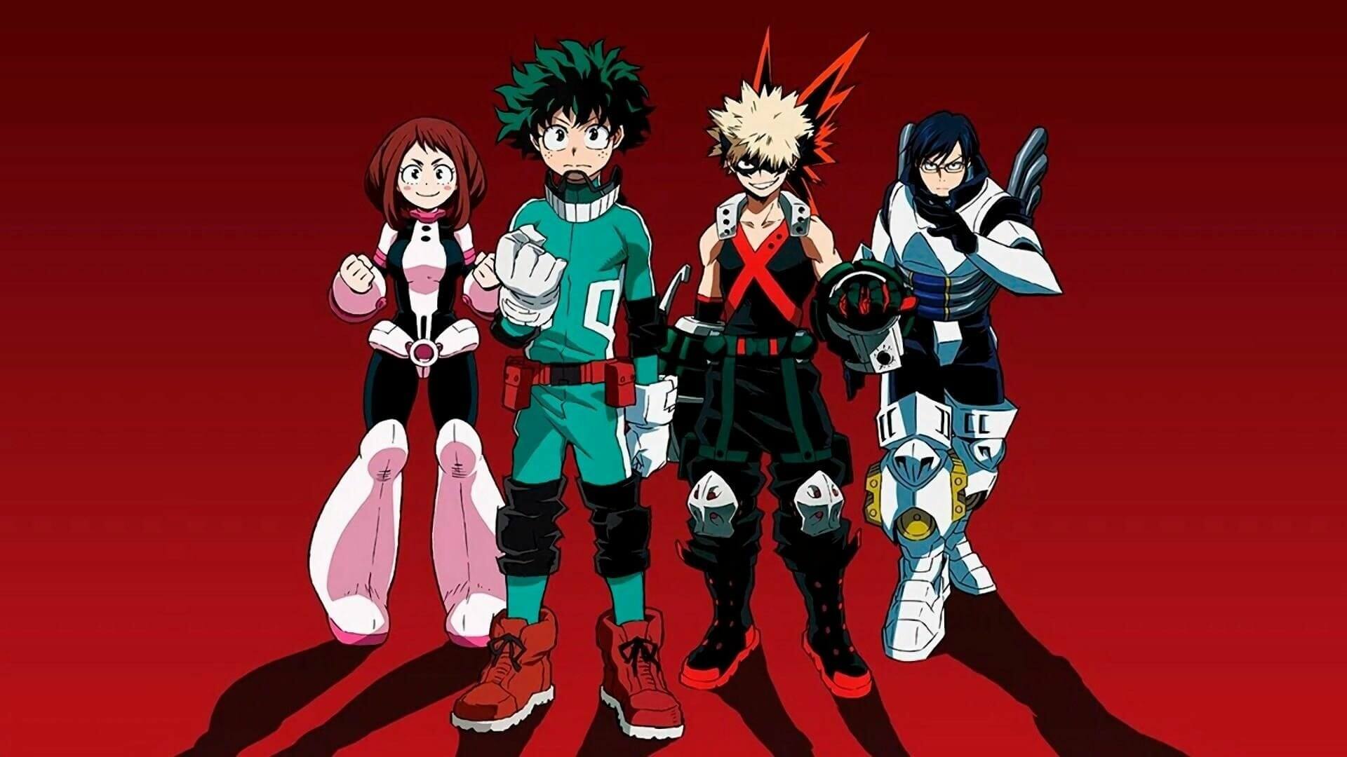 Four hero students from Class 1-A standing together anime wallpaper, 4K