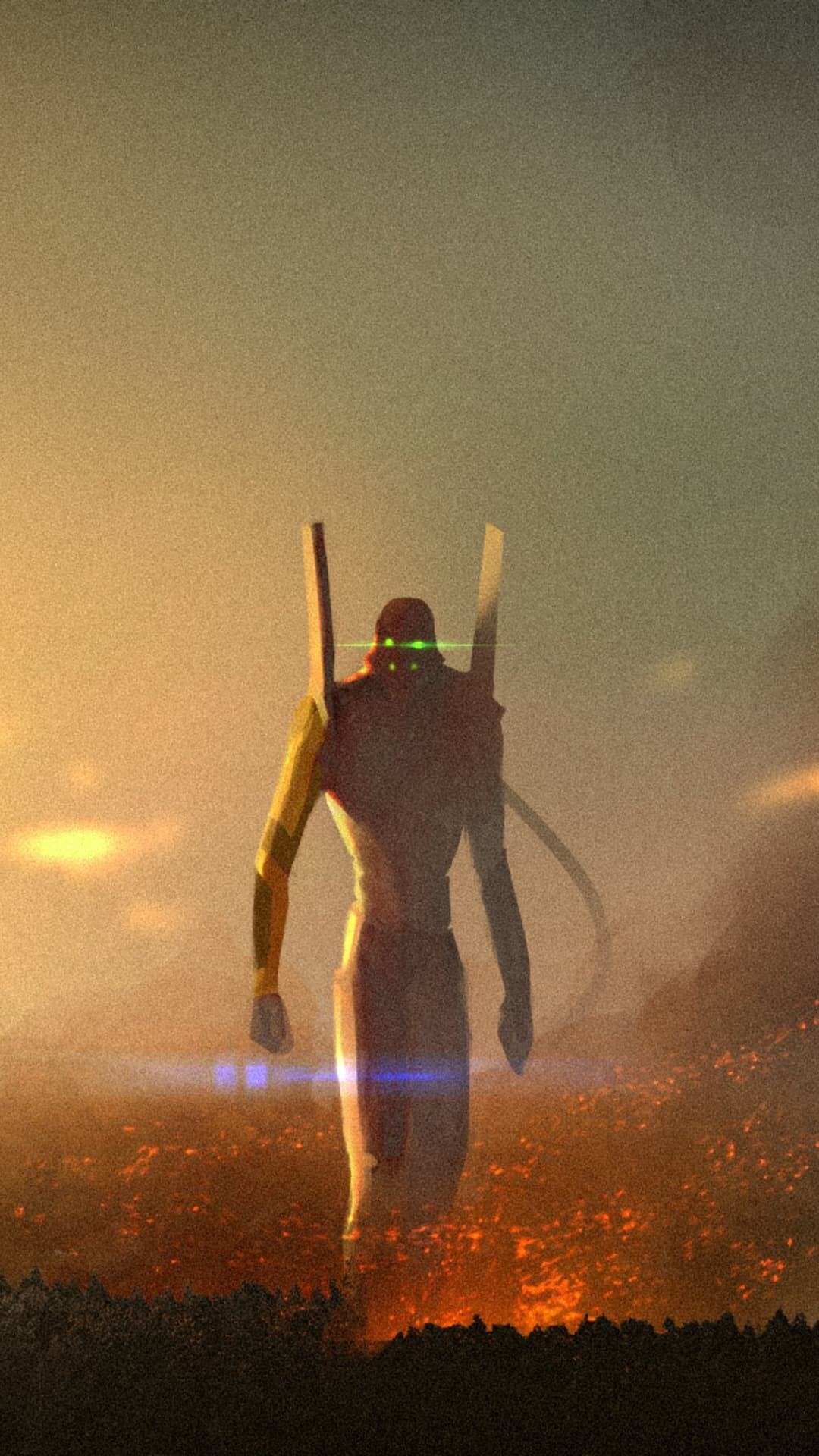 Giant robot walking over fiery landscape anime wallpaper, 4K