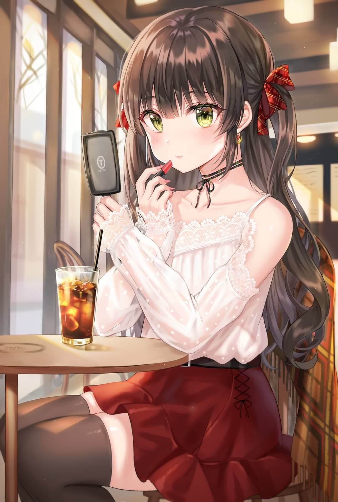 Girl applying lipstick at a cafe anime wallpaper, 4K