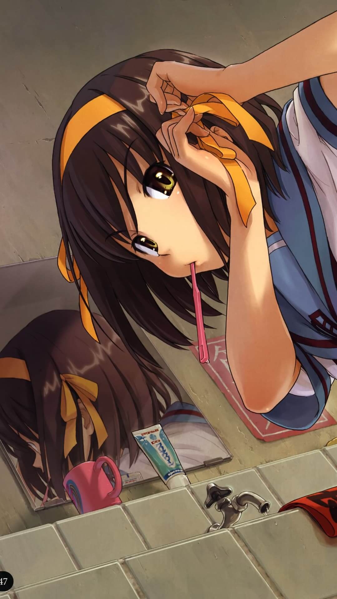 Girl brushing her teeth in front of a mirror anime wallpaper, 4K