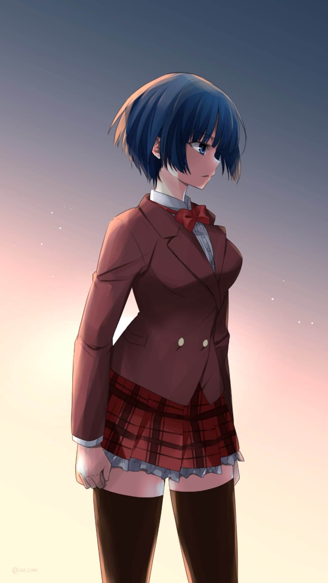 Girl in a red blazer and plaid skirt anime wallpaper, 4K
