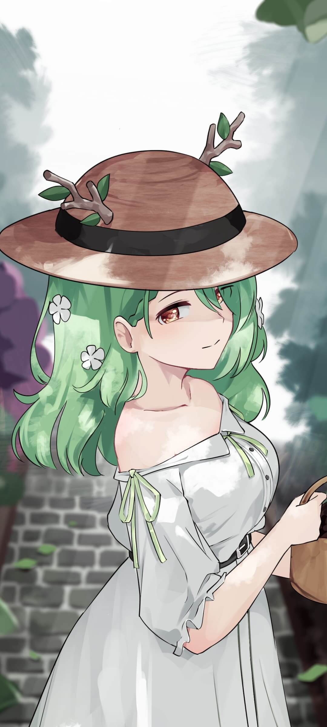 Girl in a sun hat with green hair anime wallpaper, 4K