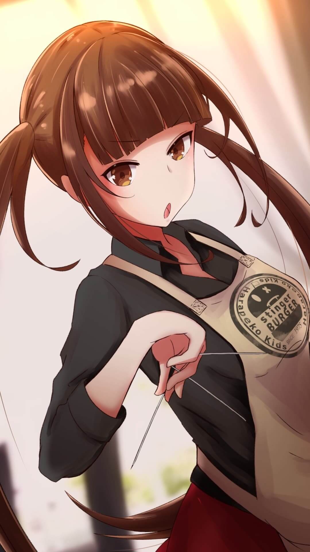 Girl in apron holding needle anime wallpaper, 4K
