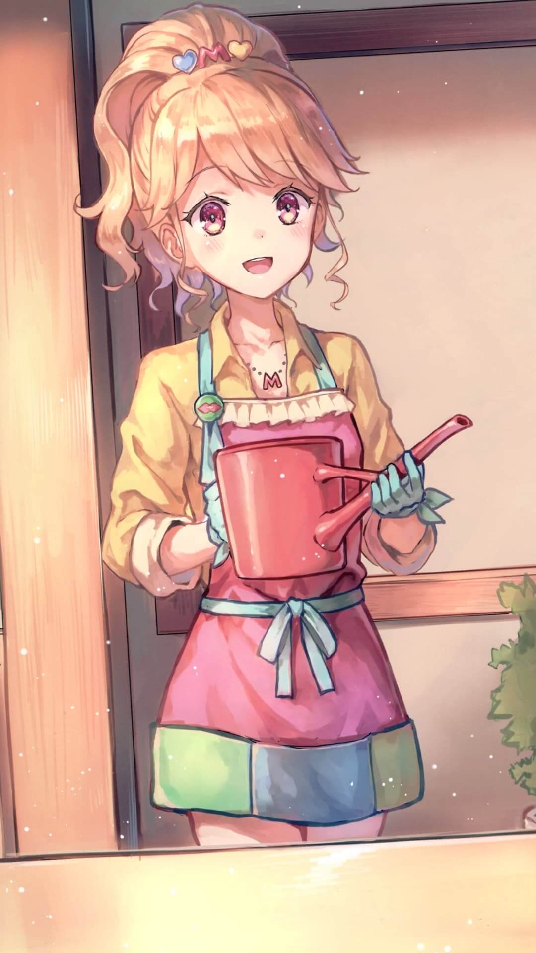 Girl in apron watering plants anime wallpaper, 4K