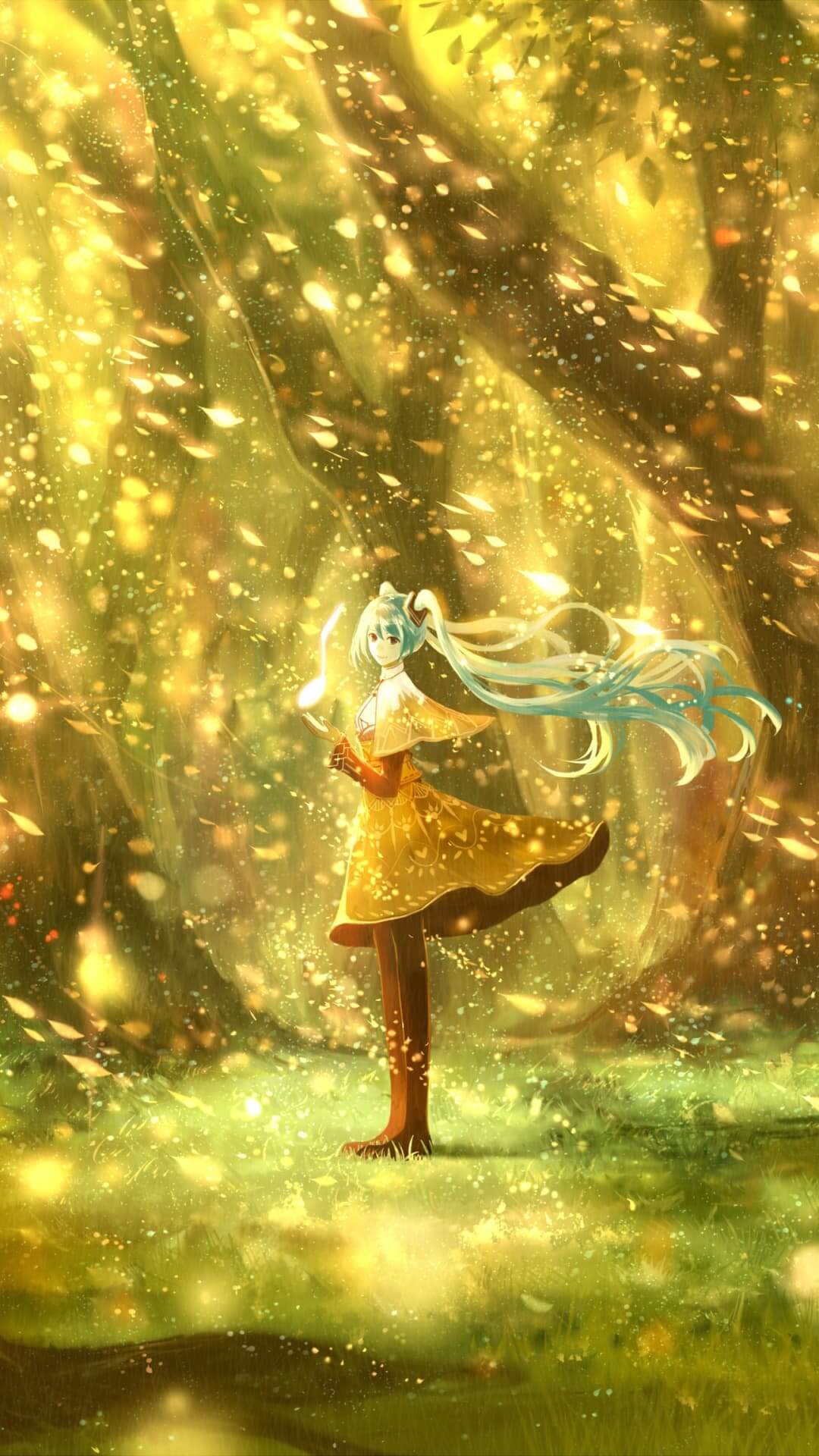 Girl in golden dress standing in a magical forest anime wallpaper, 4K