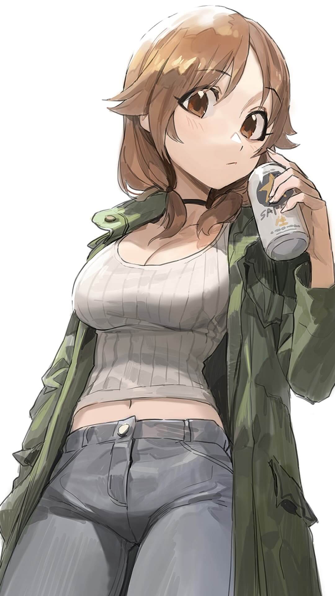 Girl in green jacket holding a can anime wallpaper, 4K