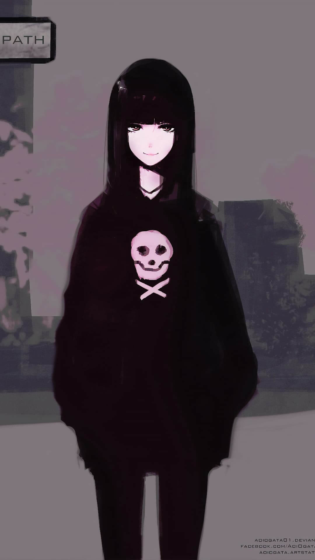 Girl in hoodie with skull graphic, standing near a path sign anime wallpaper, 4K