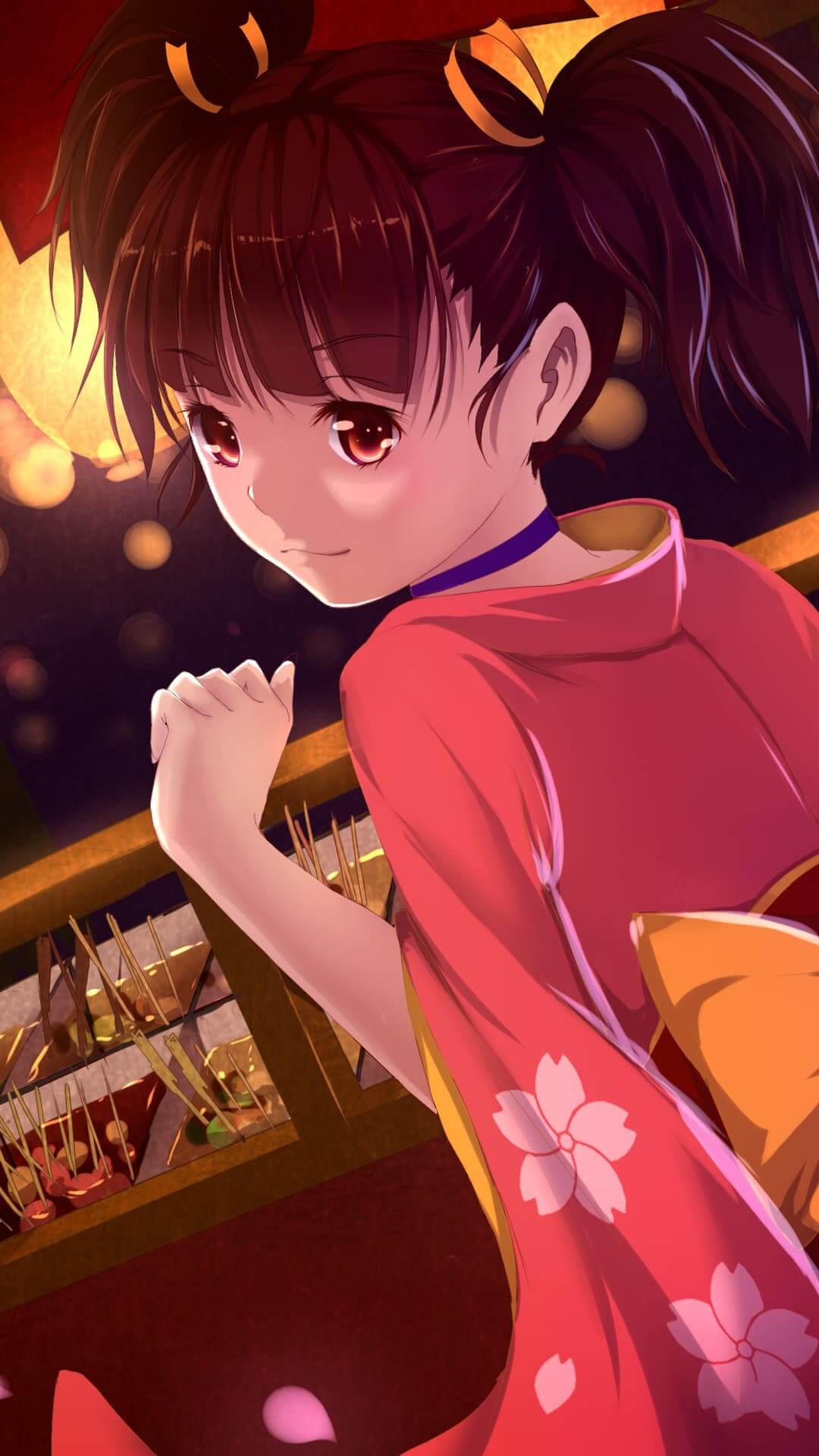 Girl in kimono at night market anime wallpaper, 4K