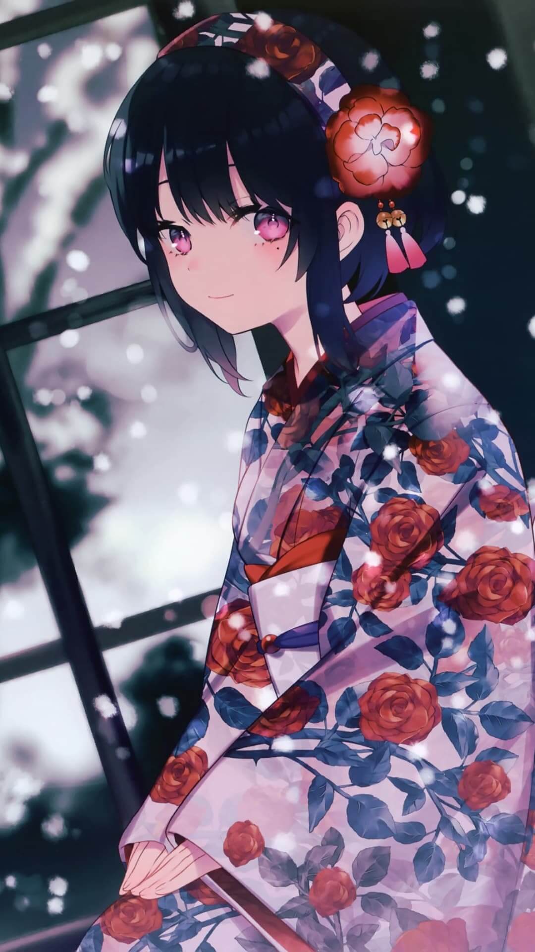 Girl in kimono, snow falling anime wallpaper, 4K