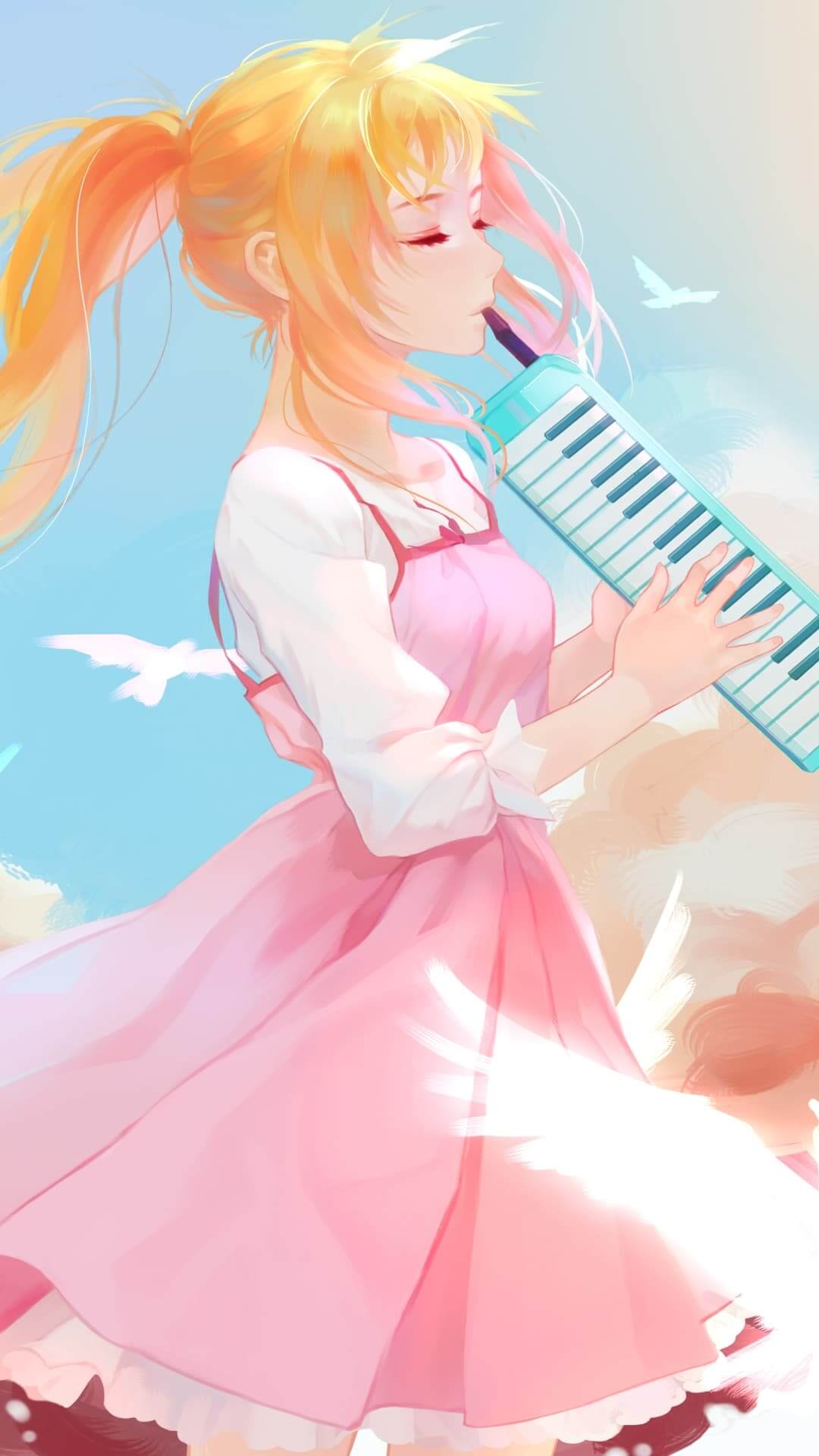 Girl in pink dress plays melodica in the sky, birds flying anime wallpaper, 4K
