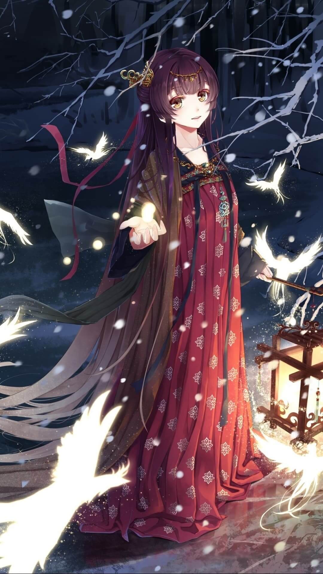 Girl in red dress with glowing birds anime wallpaper, 4K