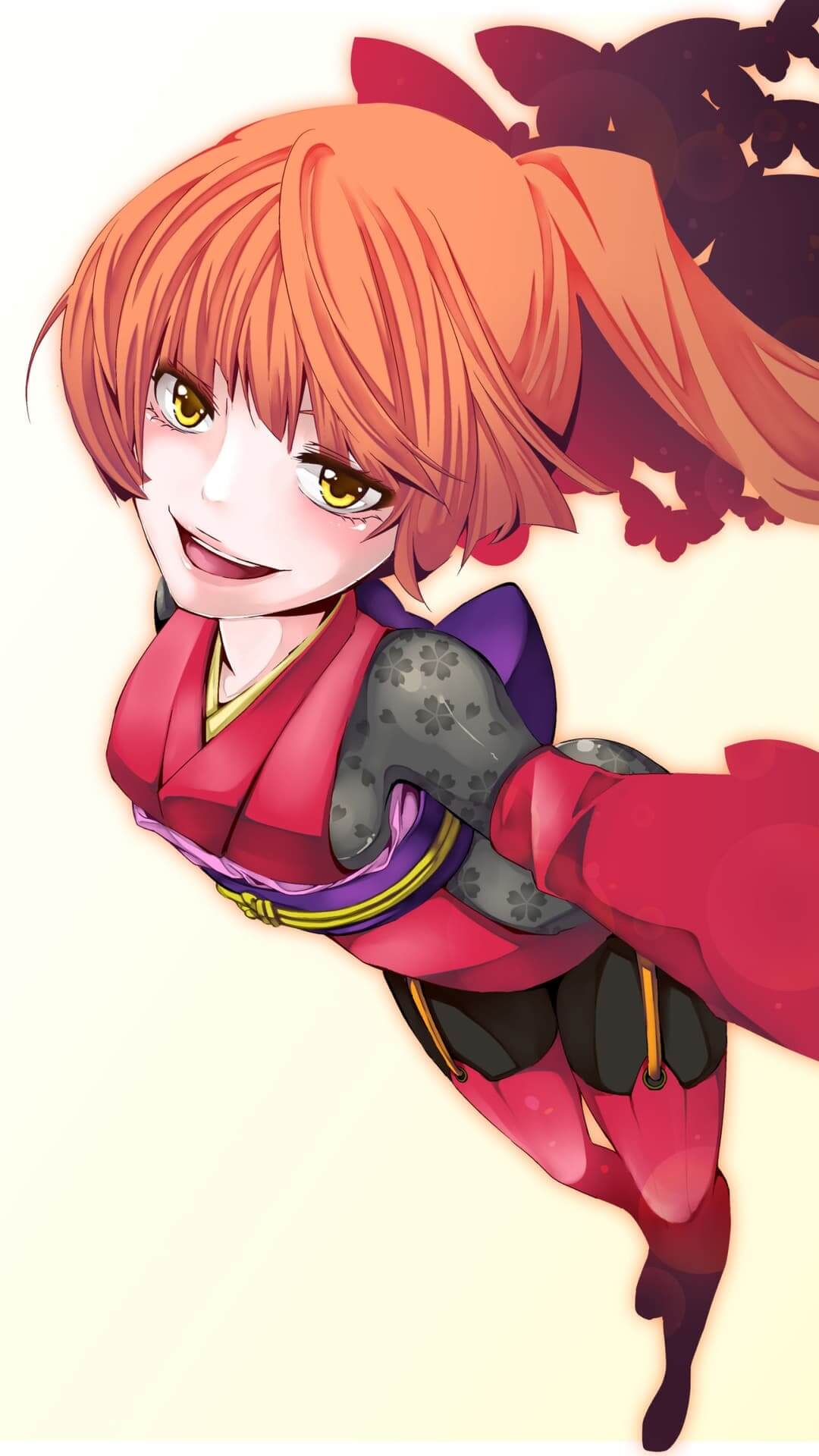 Girl in red kimono flying, long orange hair anime wallpaper, 4K