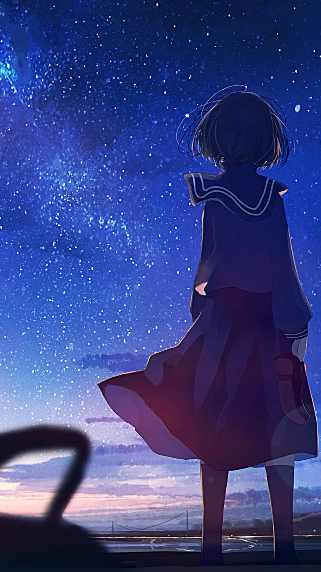 Girl in sailor uniform gazing at starry night sky anime wallpaper, 4K