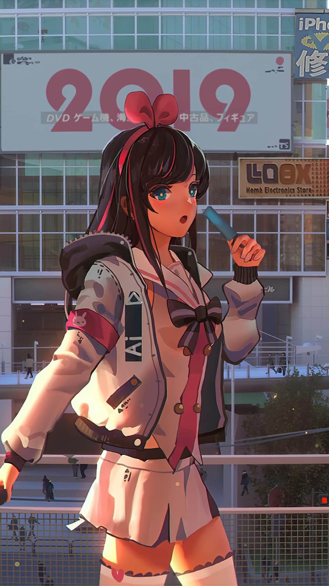 Girl in school uniform eating ice cream in city anime wallpaper, 4K