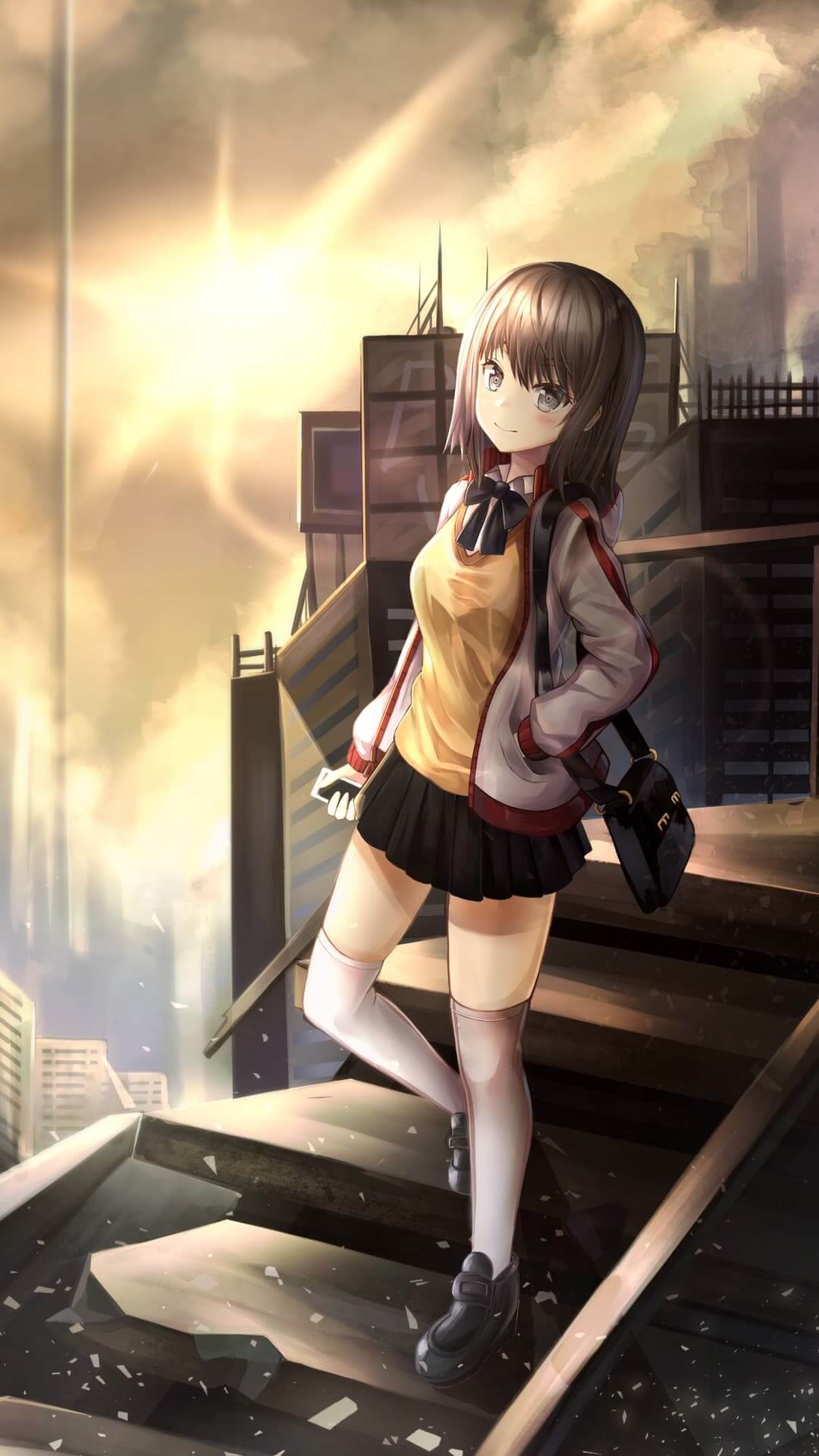 Girl in school uniform on ruined building rooftop anime wallpaper, 4K