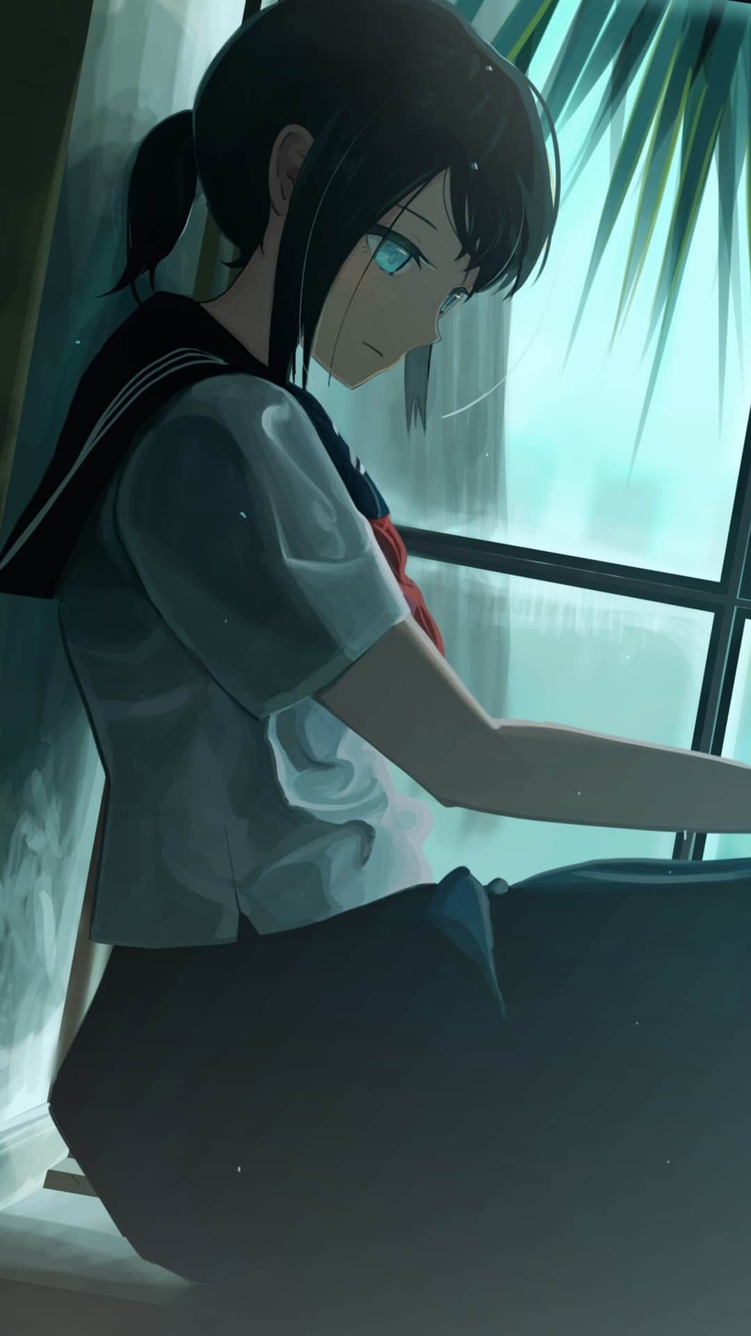 Girl in school uniform sits by window anime wallpaper, 4K