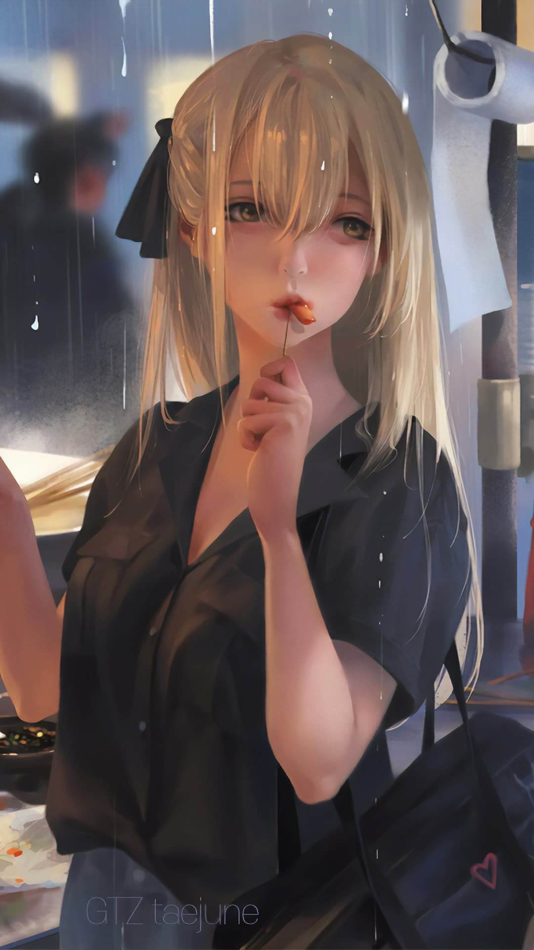 Girl in the rain, eating a lollipop anime wallpaper, 4K