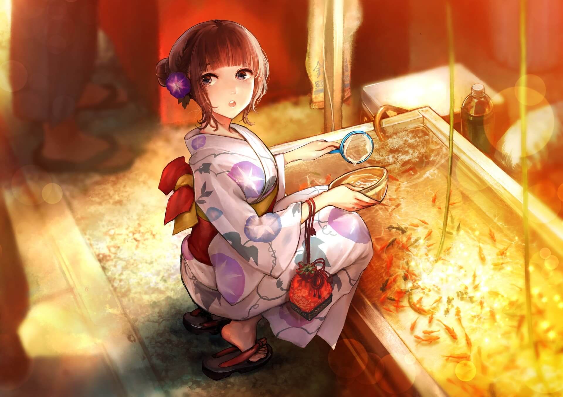 Girl in Yukata feeding Koi anime wallpaper, 4K