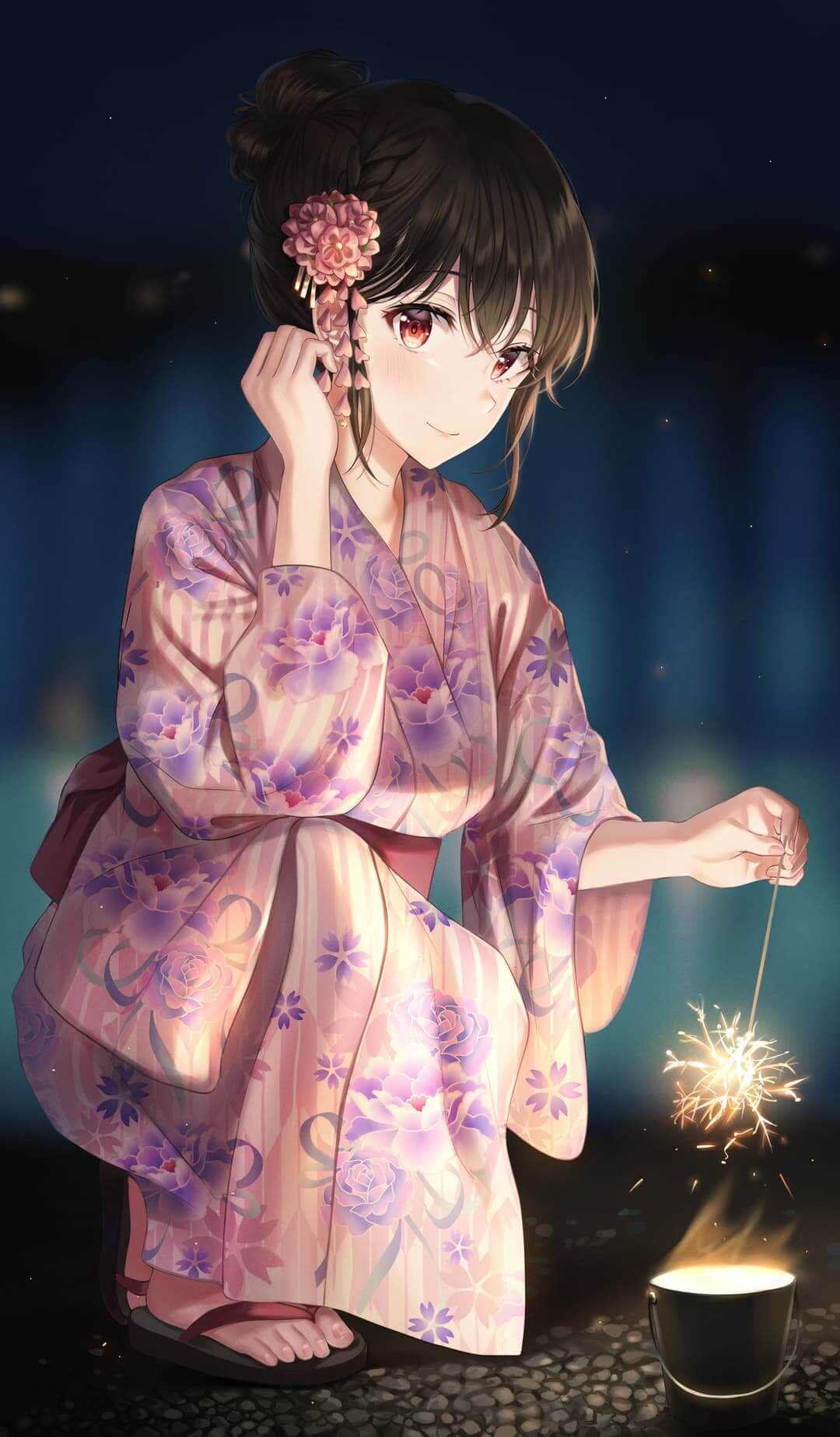 Girl in yukata holding a sparkler at night anime wallpaper, 4K