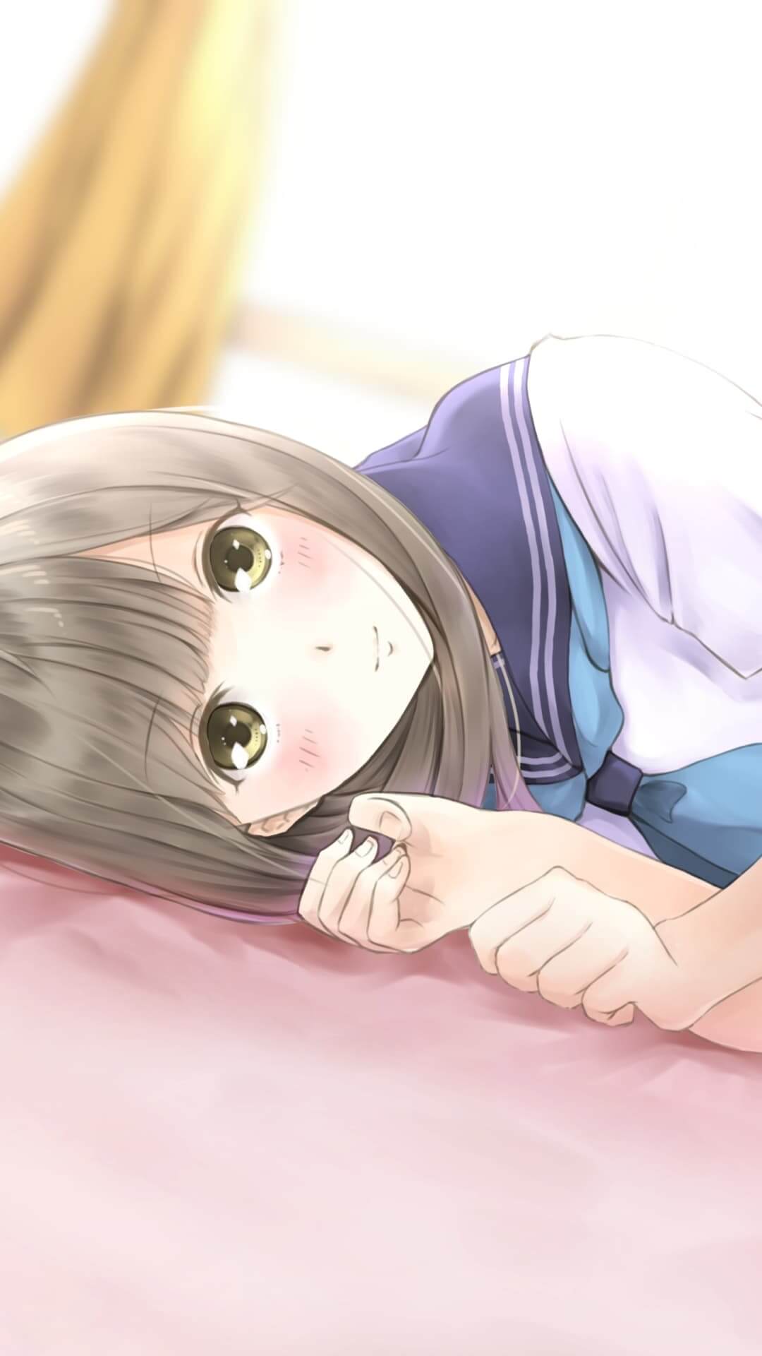 Girl lying on bed, eyes closed, blushing anime wallpaper, 4K