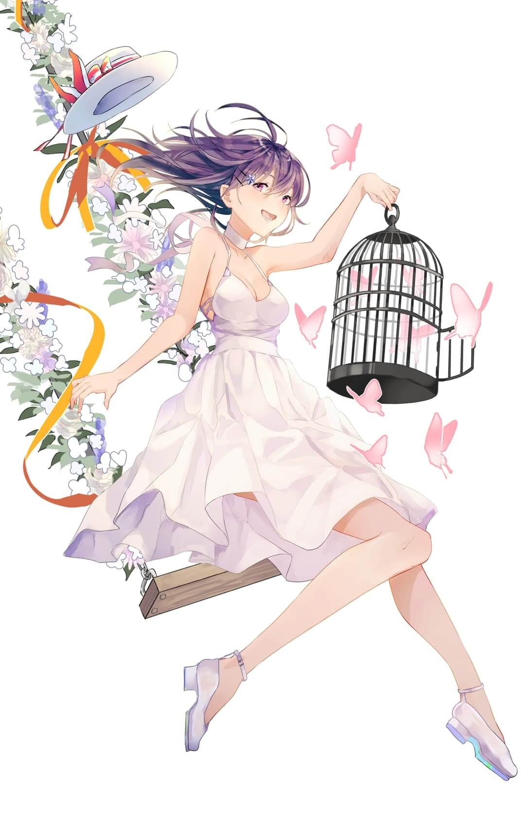 Girl on a swing with a birdcage releasing butterflies. anime wallpaper, 4K