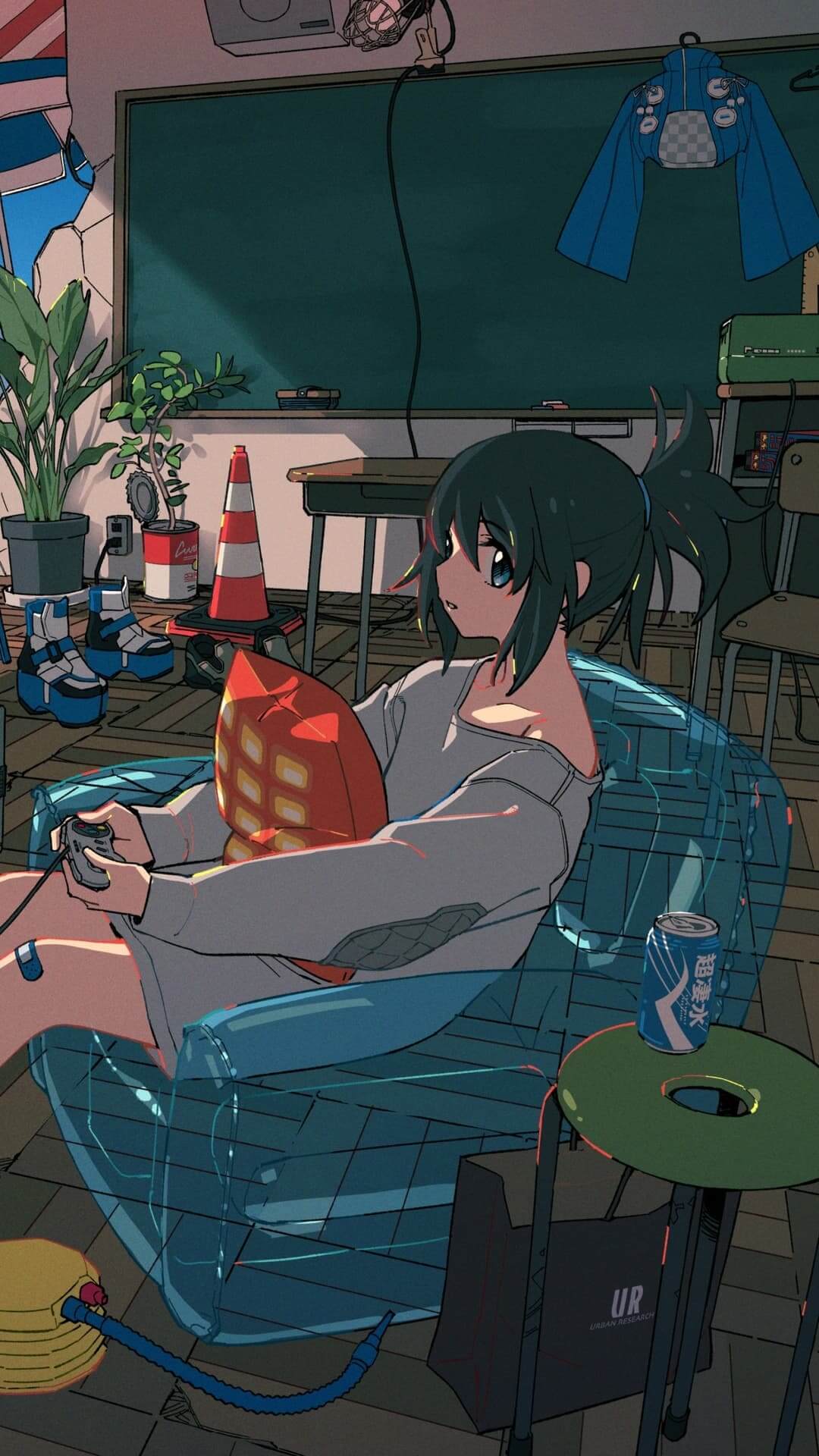 Girl playing video games in classroom anime wallpaper, 4K