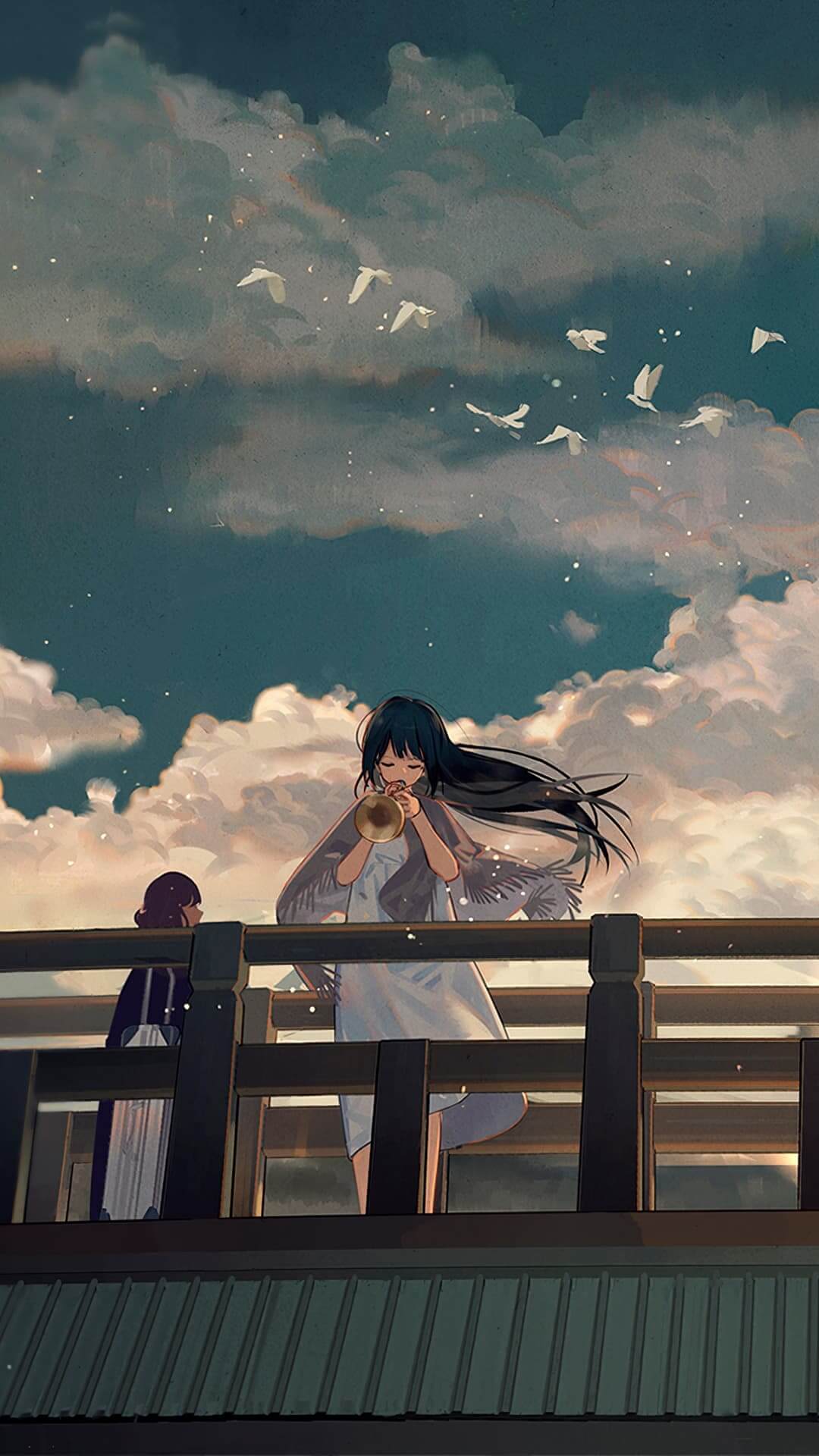 Girl plays trumpet on balcony, birds fly above anime wallpaper, 4K