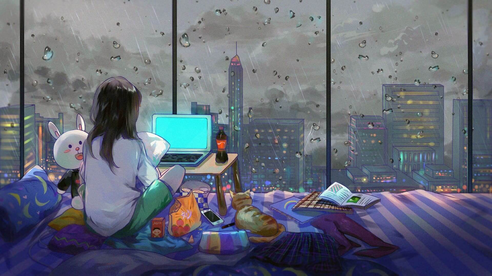 Girl relaxing on rainy day anime wallpaper, 4K