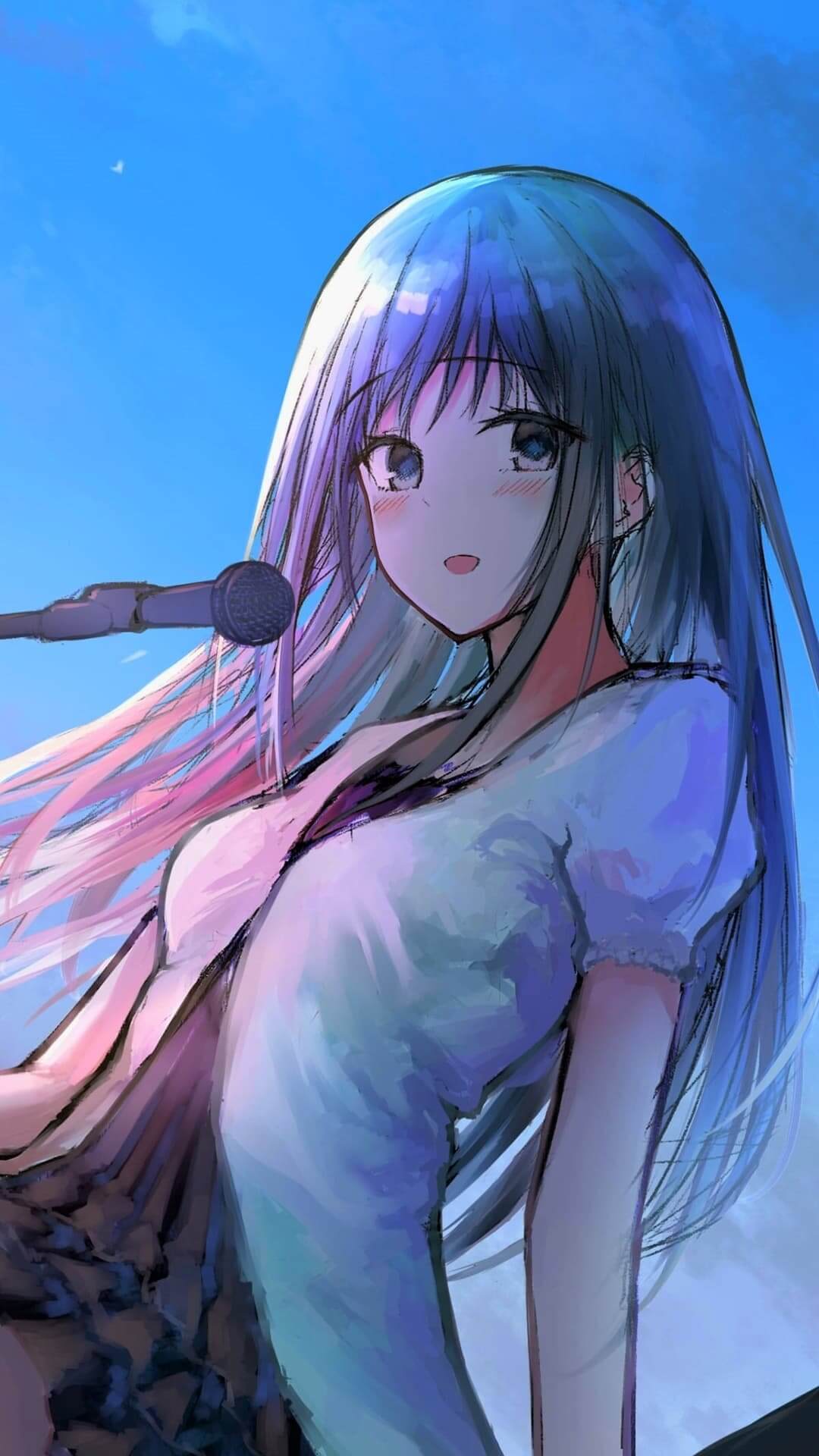 Girl singing into a microphone, light blue hair, soft pastel colors anime wallpaper, 4K