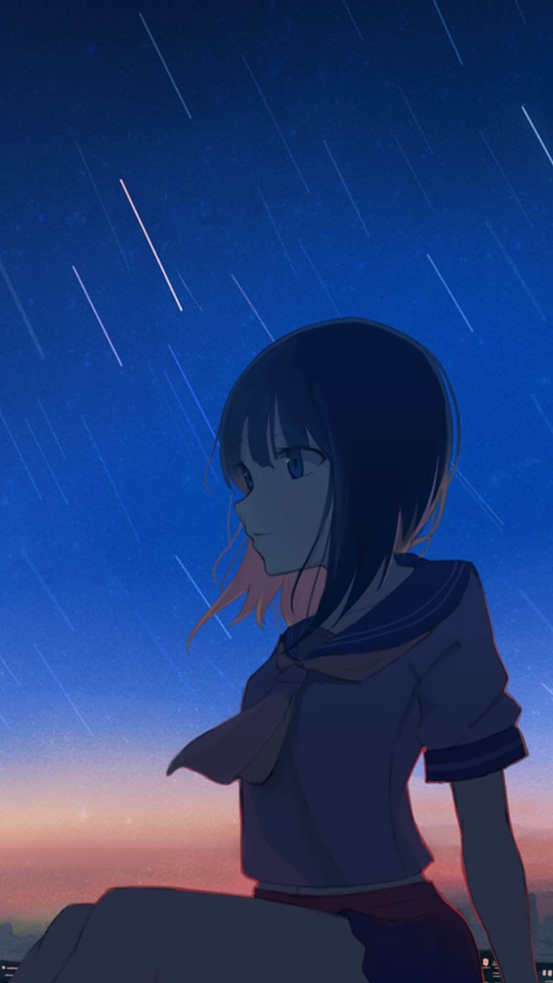 Girl sits and looks at the night sky anime wallpaper, 4K