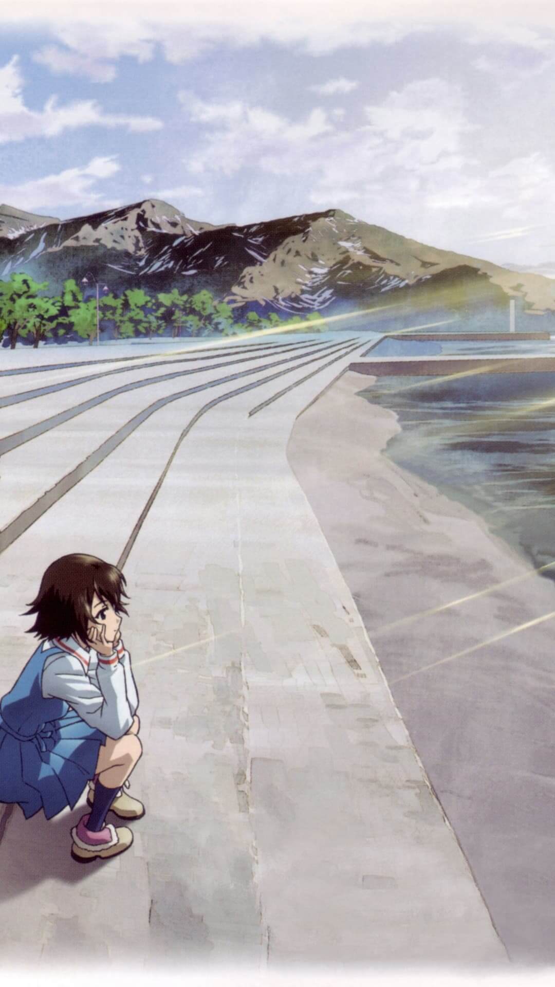 Girl sits by the sea, mountains in the background anime wallpaper, 4K