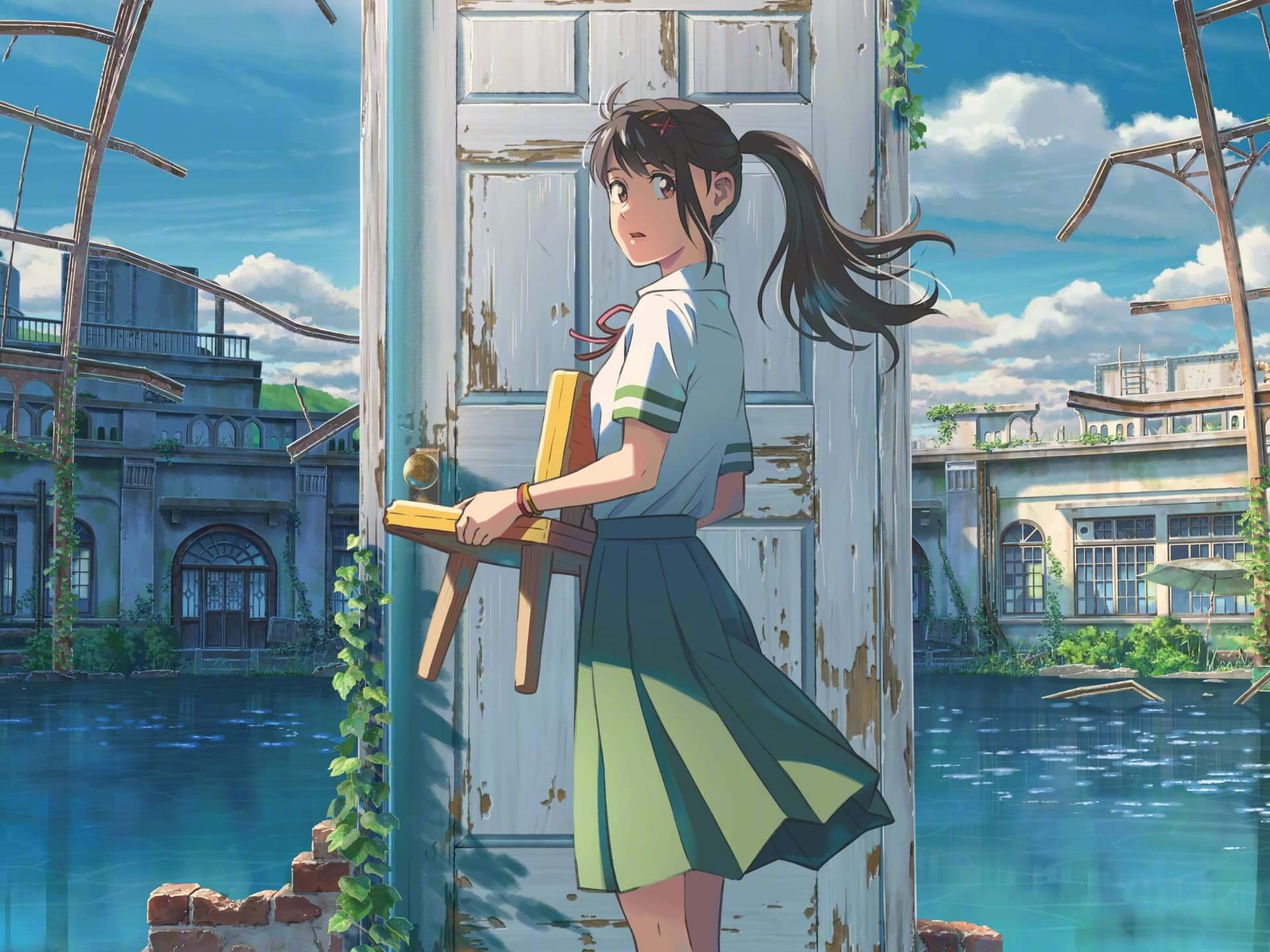 Girl standing by a door, carrying chair in a flooded, overgrown building anime wallpaper, 4K