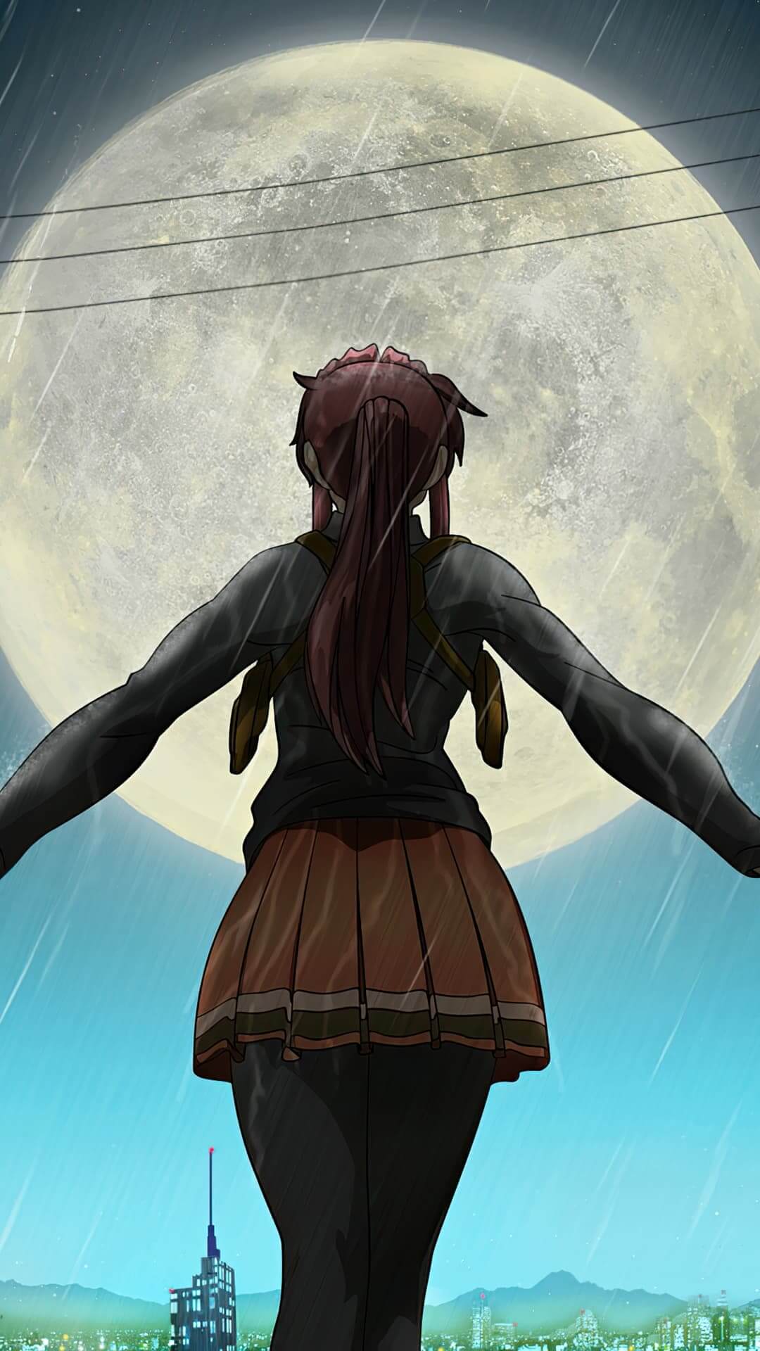 Girl standing with arms outstretched under a full moon anime wallpaper, 4K