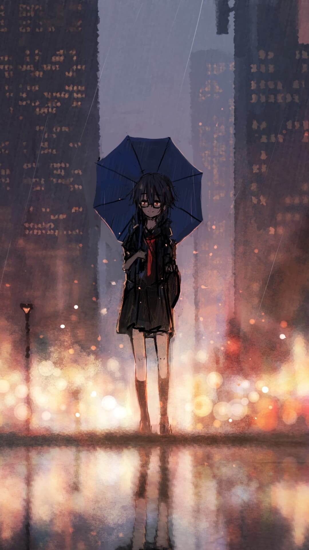 Girl under umbrella in rainy city at night anime wallpaper, 4K
