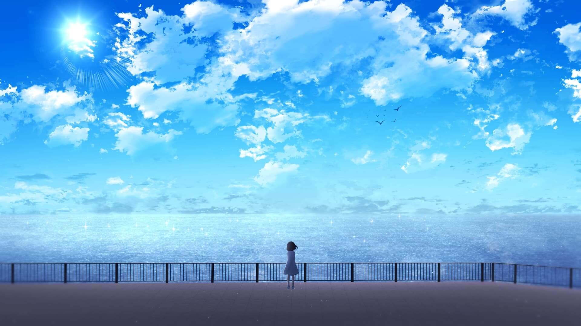 Girl watching the sea under a bright sky anime wallpaper, 4K