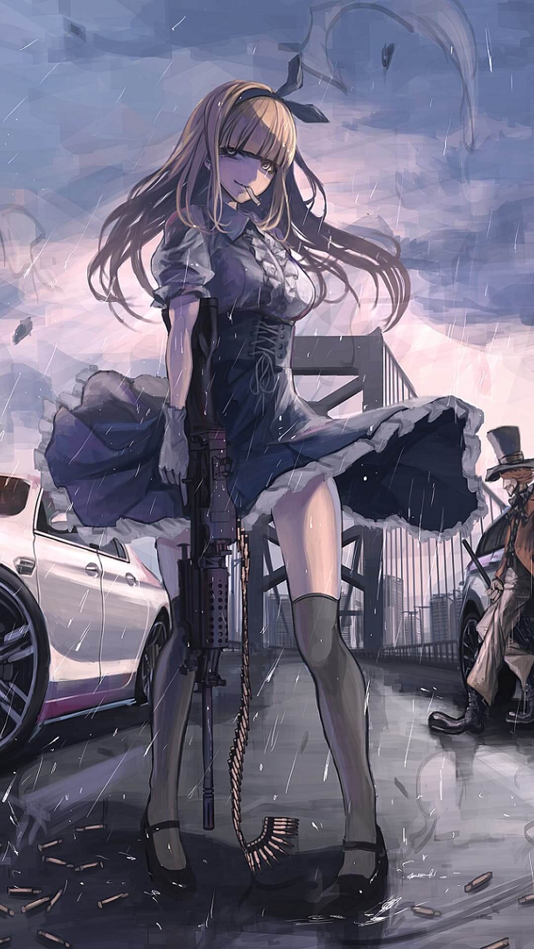 Girl with a machine gun in the rain anime wallpaper, 4K