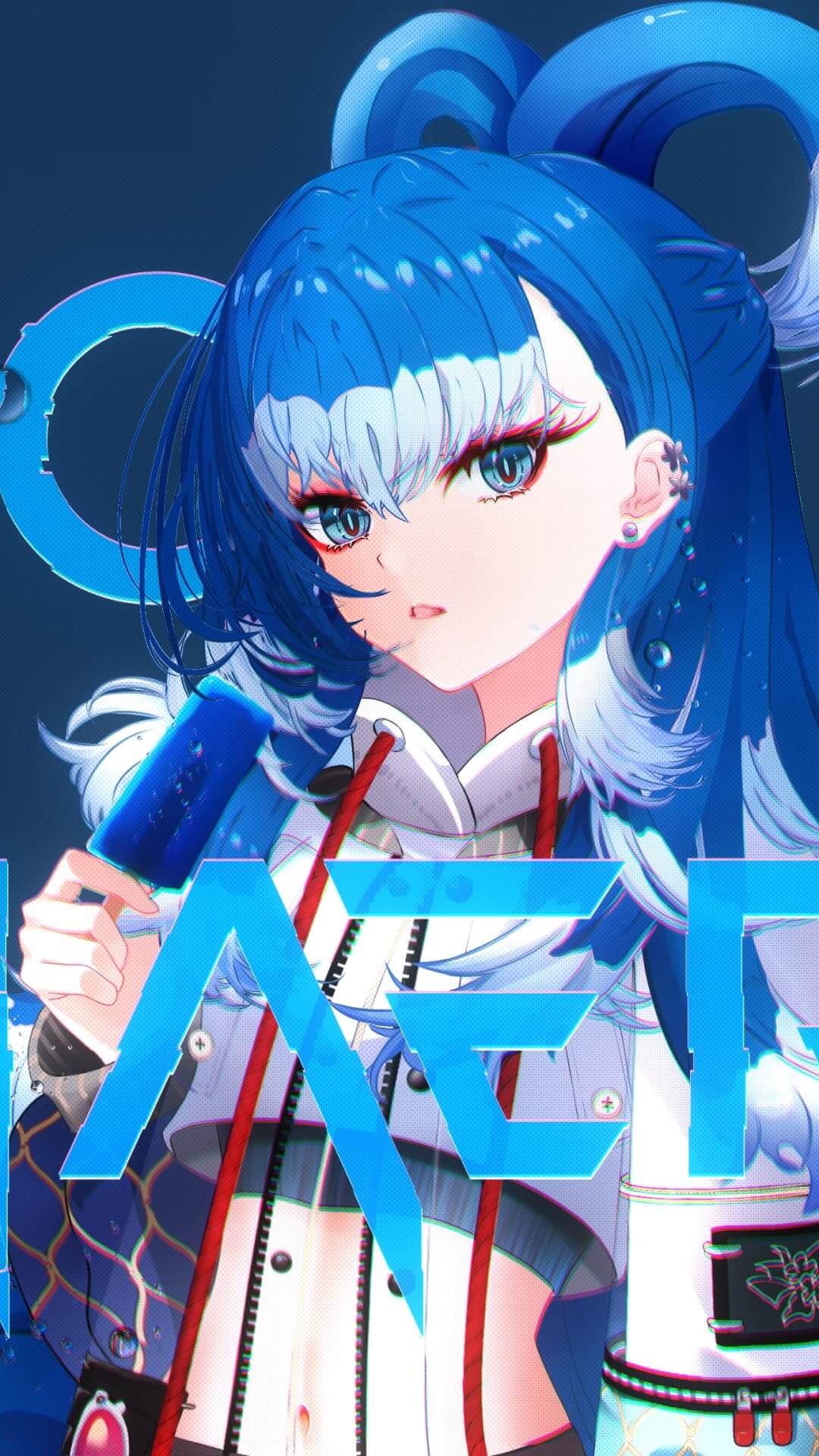 Girl with blue hair, blue eyes, and popsicle standing behind stylized text anime wallpaper, 4K