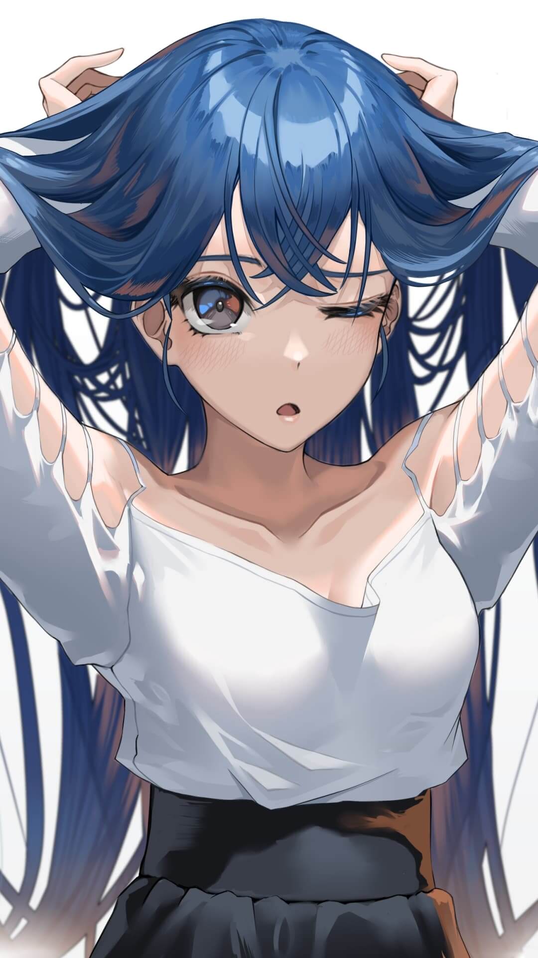 Girl with blue hair styling her hair anime wallpaper, 4K