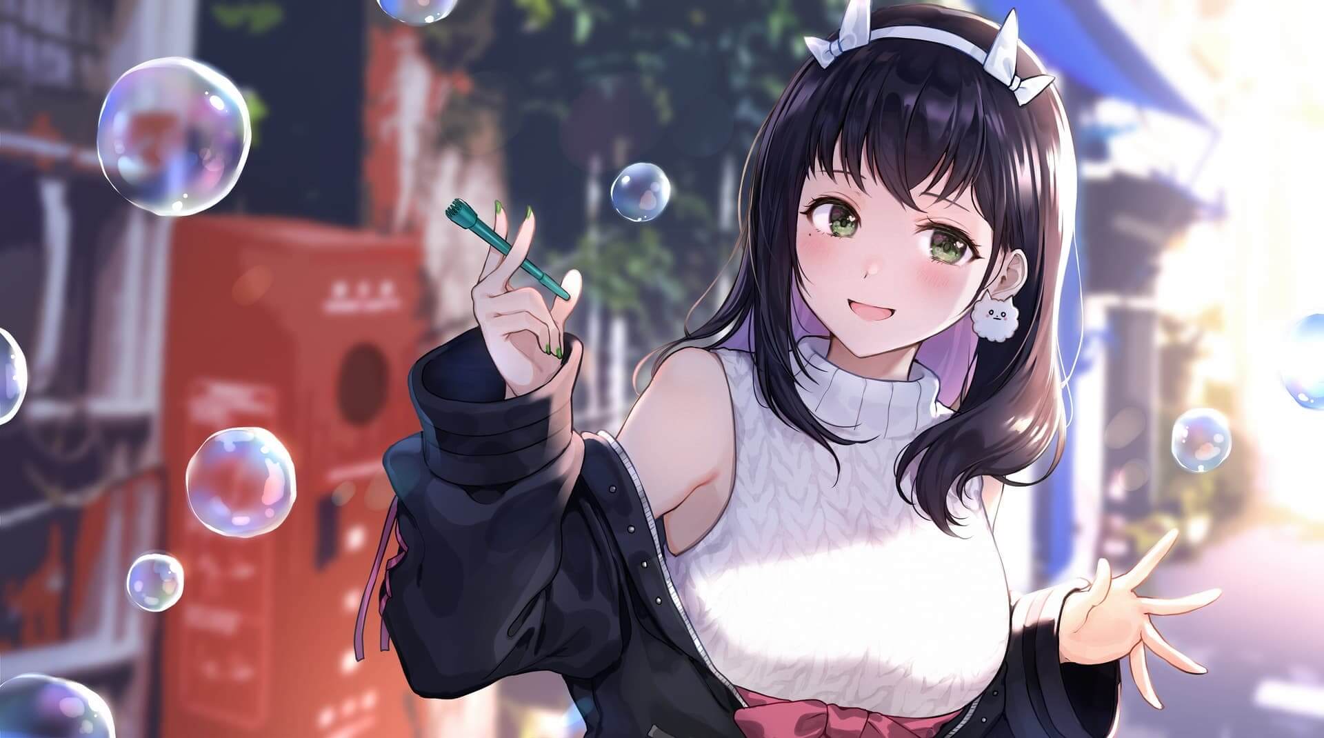 Girl with bubble wand in city anime wallpaper, 4K