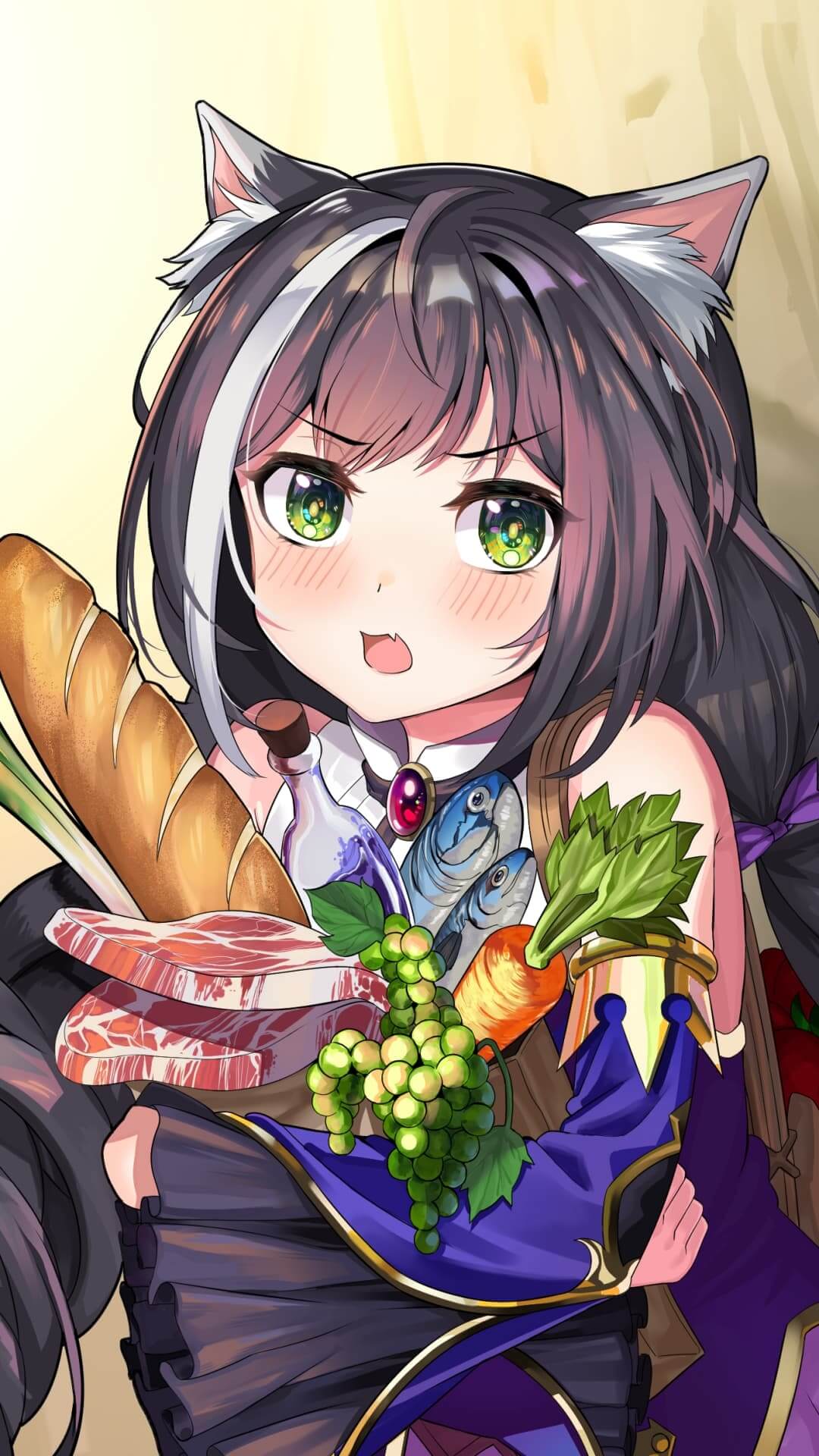 Girl with cat ears carrying groceries anime wallpaper, 4K